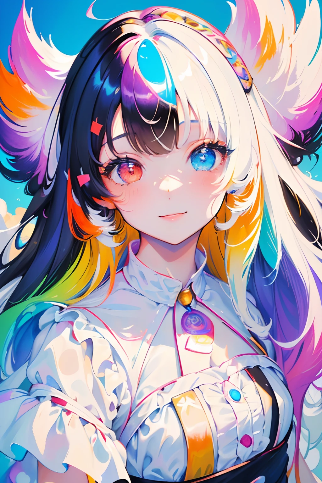 1girl, young girl, curly hair, bangs, twin tail, side tail, (Heterochromia), wearing a white dress, smiling, ((detail face)), ((close up)), colorful background, (colorful), (many colors)