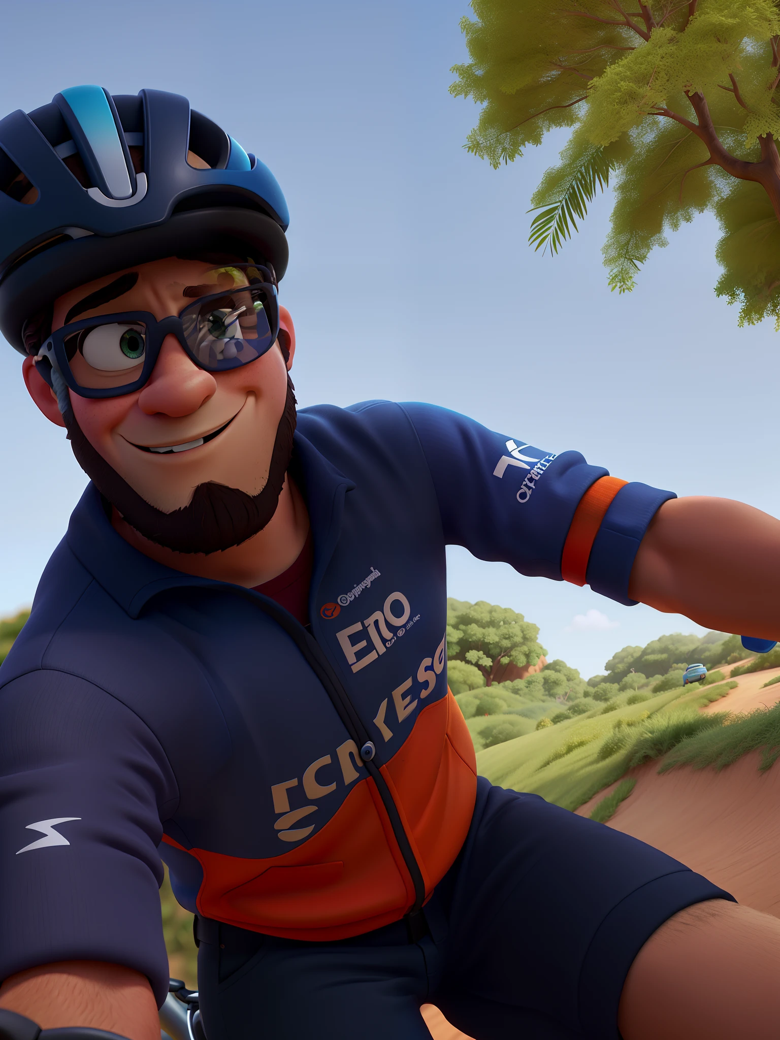 Poster no estilo disney pixar.um homem moreno de olhos escuros encima de uma bicicleta estilo disney pixar, alta qualidade, melhor qualidade
