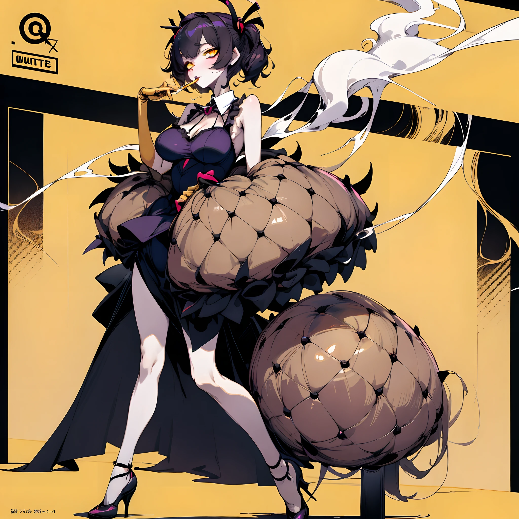 muffetwear，muffet，Sexy body，huge tit，smoking girl，Full body like，Stand up，Golden eyes，Lots of detail，illustration，CG，quadratic element，high qulity，tmasterpiece，Cyberworld，jk style，smoking girl，bags under eyes,eyeliner,makeup