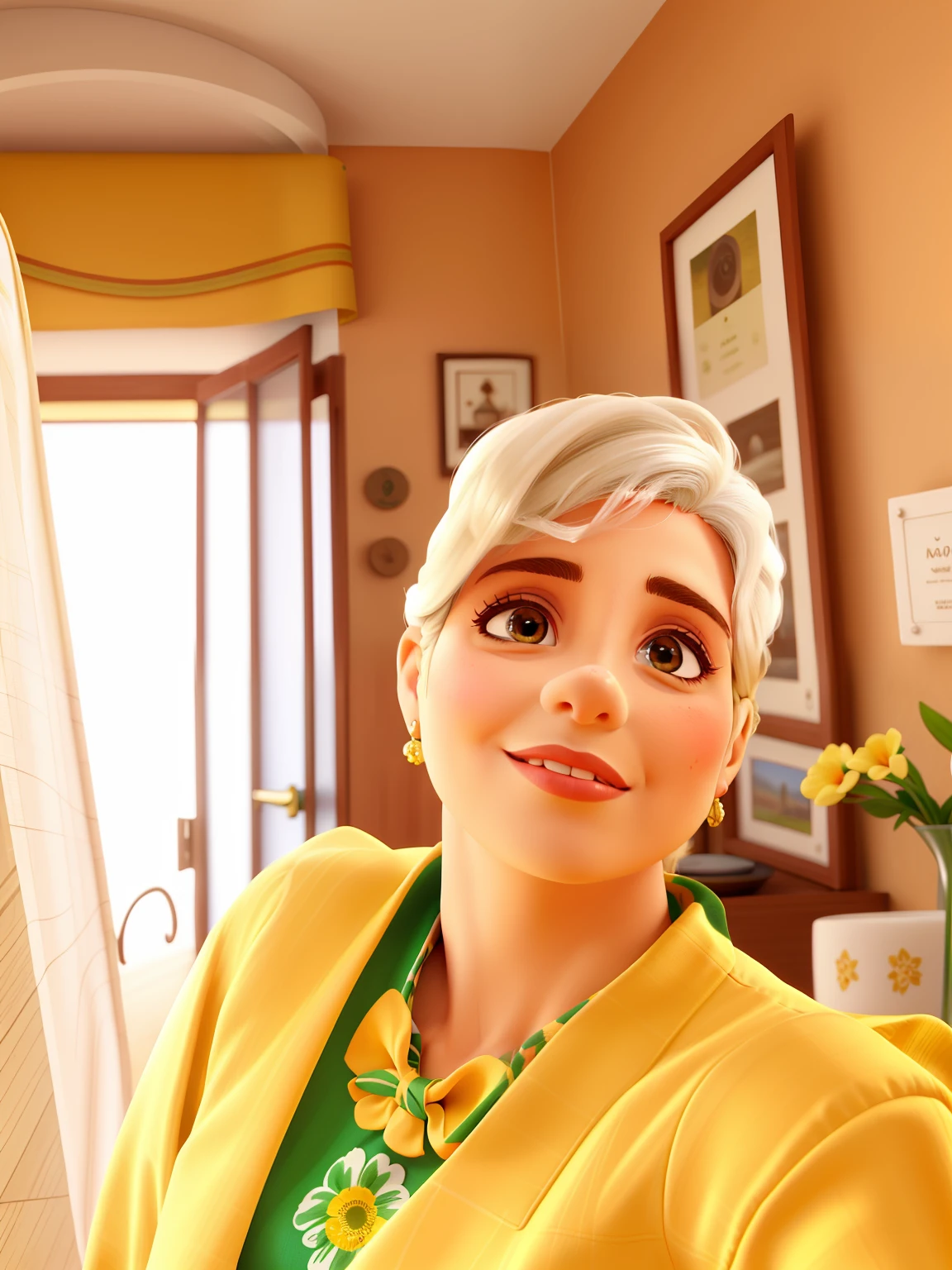 Beautiful woman, 54 anos, cabelo bem curto, grisalho, liso, olhos castanhos xo. Sinalnno canto olho direito, segurando dois gatos um amarelo e outro cinza