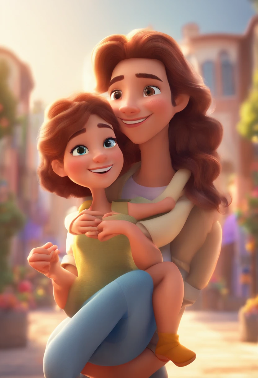 An illustration of an adorable couple, Destaque para um homem branco, Tall chubby man with long beard smiling and a brunette woman with beautiful expressive eyes - man's skin is white and man's hair is bald, While the woman's skin is brown, and the woman's hair is wavy and brown. They are a bright room, cada um com um sorriso no rosto, e compartilhar um momento especial caracterizado pelo amor, Insights. Illustrate this scene from a perspective where they are facing the camera, Smiling and Showing Your Connection. Desenvolva esta arte em Full HD, Focus on your cinematic touch, Estilo Disney Pixar Animations