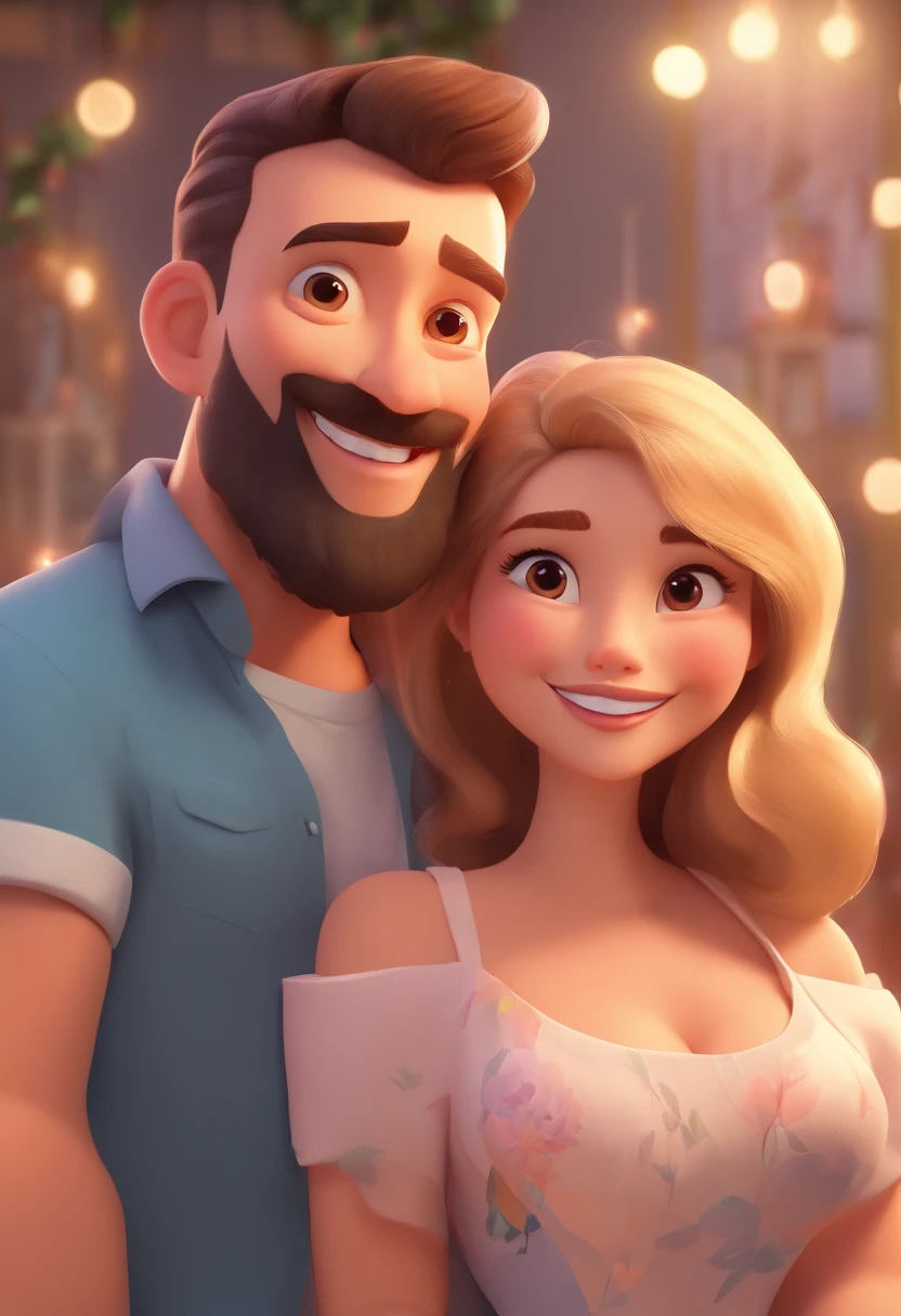An illustration of an adorable couple, Destaque para um homem branco, Tall chubby man with long beard smiling and a brunette woman with beautiful expressive eyes - man's skin is white and man's hair is bald, While the woman's skin is brown, and the woman's hair is wavy and brown. They are a bright room, cada um com um sorriso no rosto, e compartilhar um momento especial caracterizado pelo amor, Insights. Illustrate this scene from a perspective where they are facing the camera, Smiling and Showing Your Connection. Desenvolva esta arte em Full HD, Focus on your cinematic touch, Estilo Disney Pixar Animations