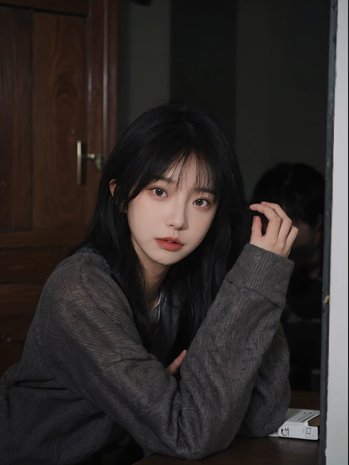 best qualtiy, 超高分辨率, (realisticlying:1.4), A woman with long black hair and a gray sweater, 中景 the scene is, She has black hair,By bangs, young lovely Korean faces, wan adorable korean face, ulzzangs, Shin Jinying, beautiful aesthetic face, Korean face features, Played by Liu Lee Ji Eun ,Beautiful realistic face