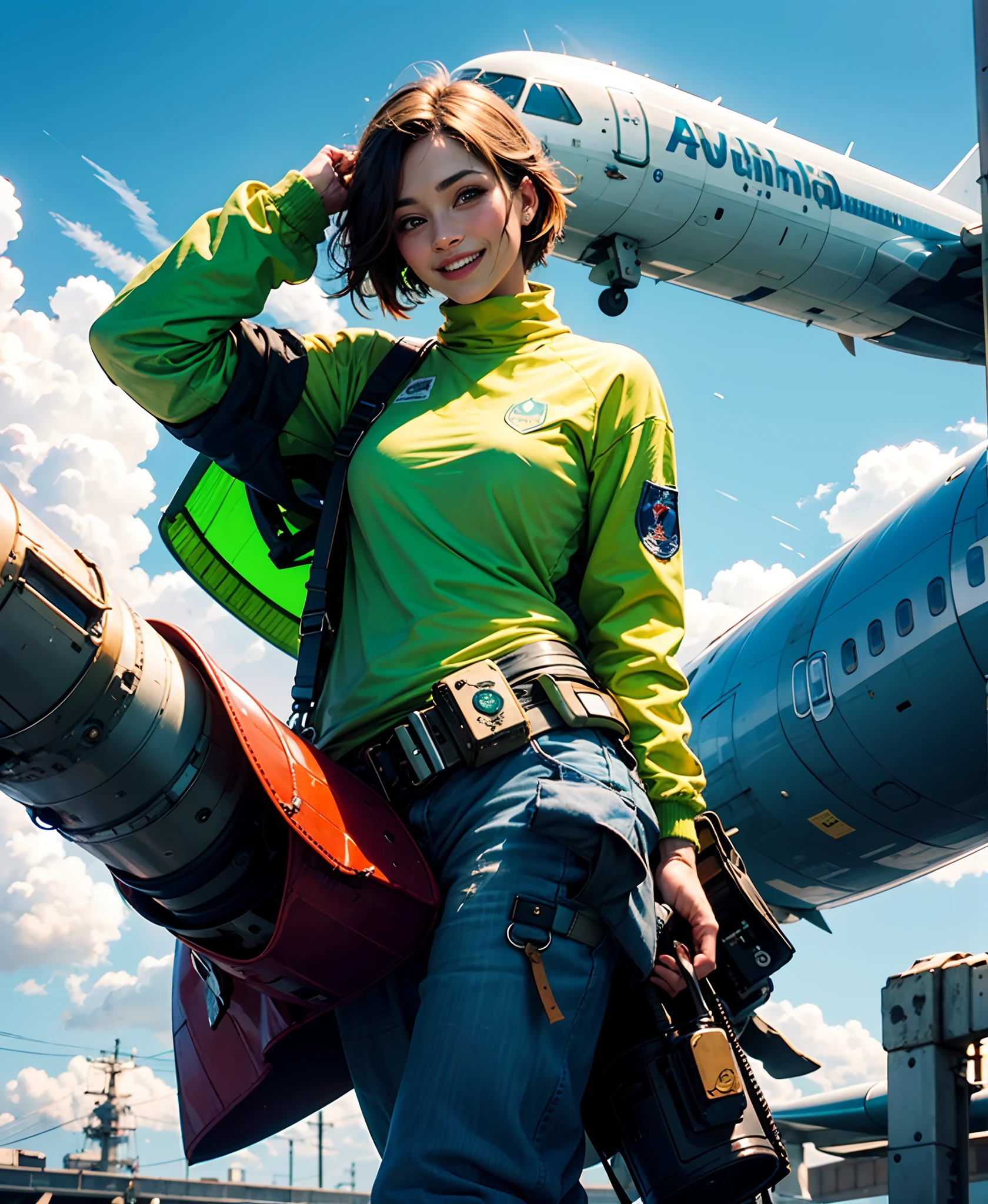Rapaz careca de cavanhanque, sorrindo e faltando um dente frontal. Ele veste uma camisa de botao cinza e um por cima desta camisa ele usa um colete verde fluorescente com um aviao da American Airlines no fundo.