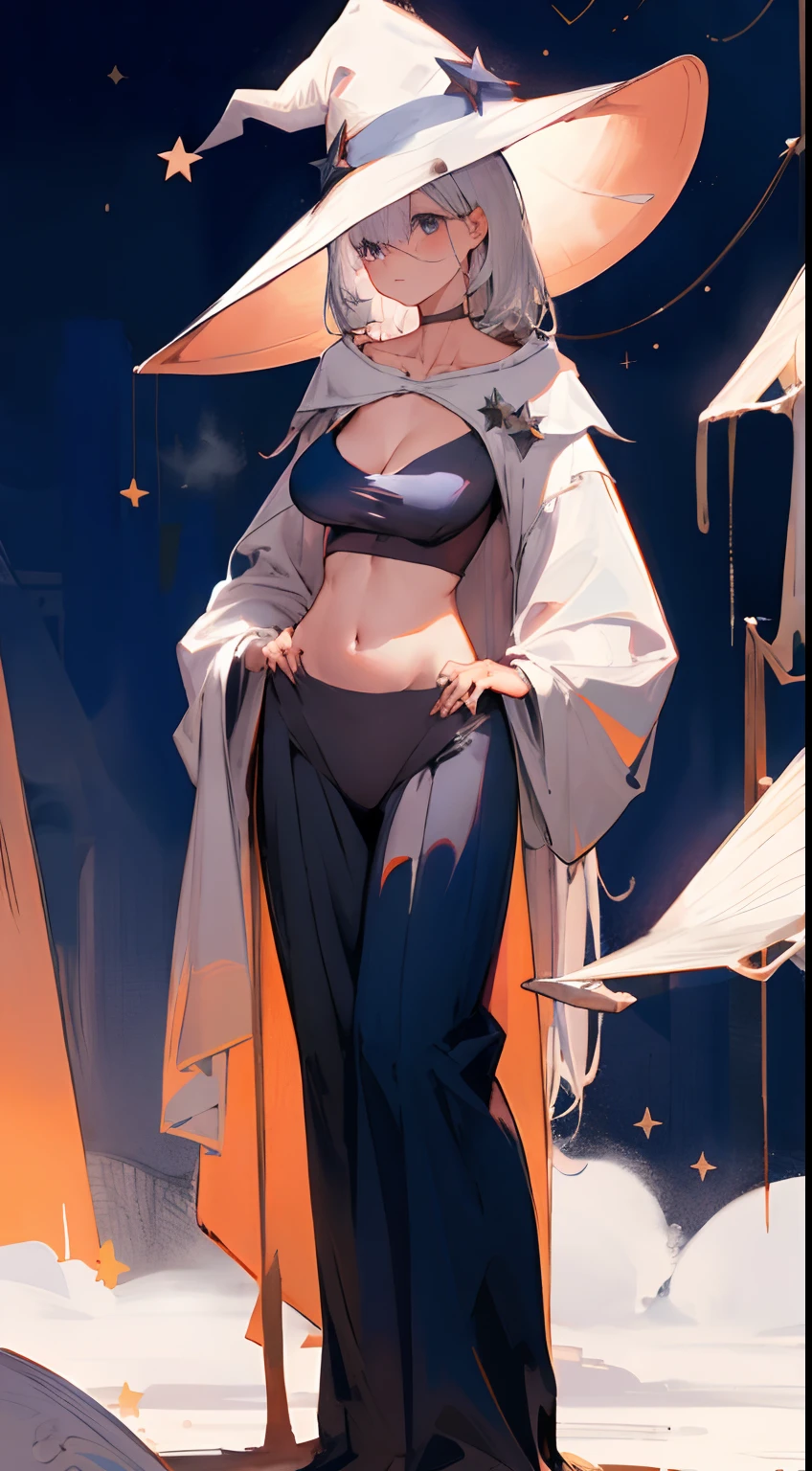 Leakage out of the collarbone,Neck leakage,Star decoration,sorceress woman,Witch hat,stand posture,standing straight,
