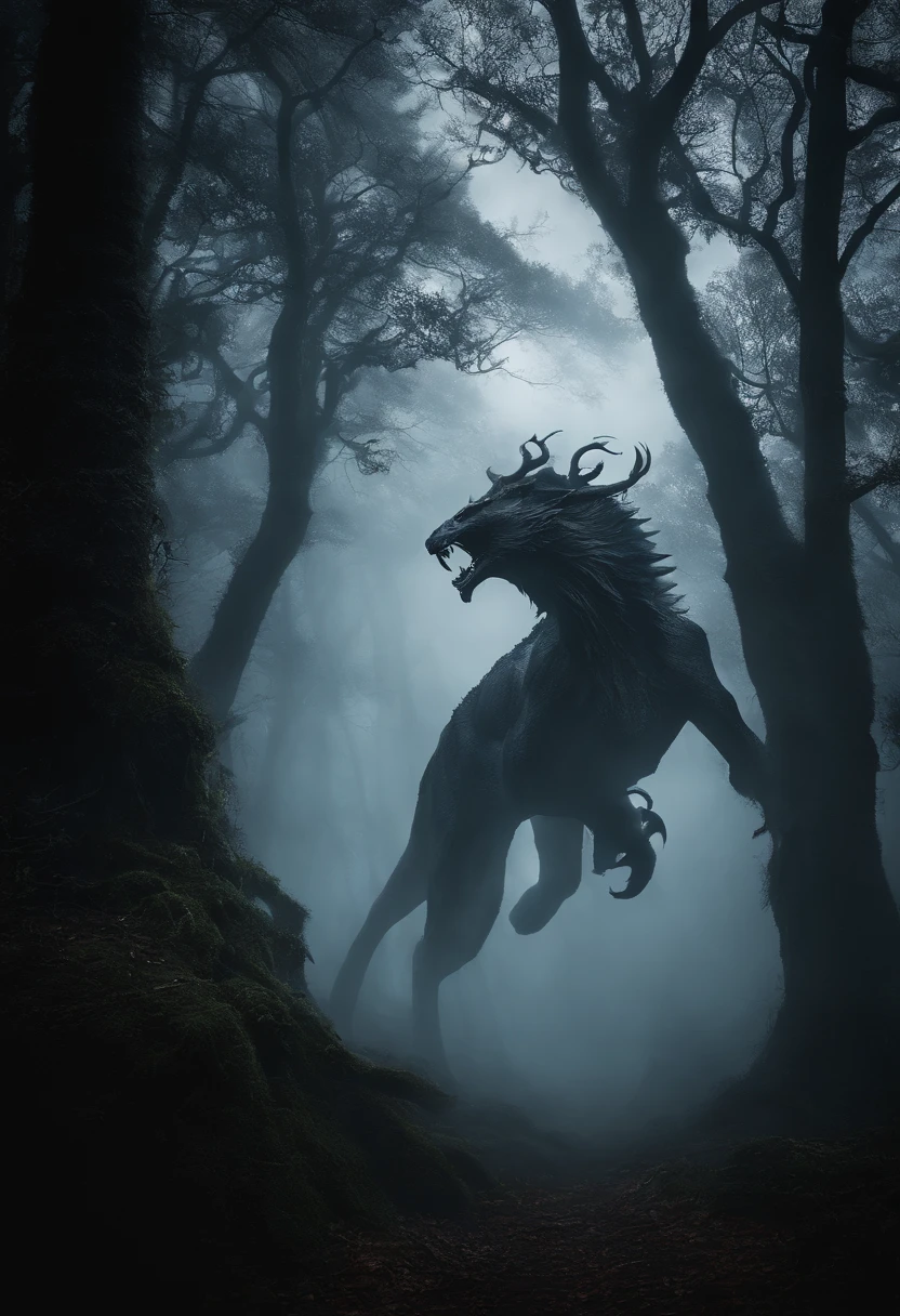 In a mystical forest shrouded in mist, a fearsome 饕餮 creature emerges from the shadows, its sharp fangs gleaming in the moonlight. The ancient trees reach towards the heavens, their twisted branches creating an eerie silhouette against the dark sky. The scene is filled with an air of mystery and danger, captured in the style of Tim Burton, with dramatic lighting and a monochromatic color palette.