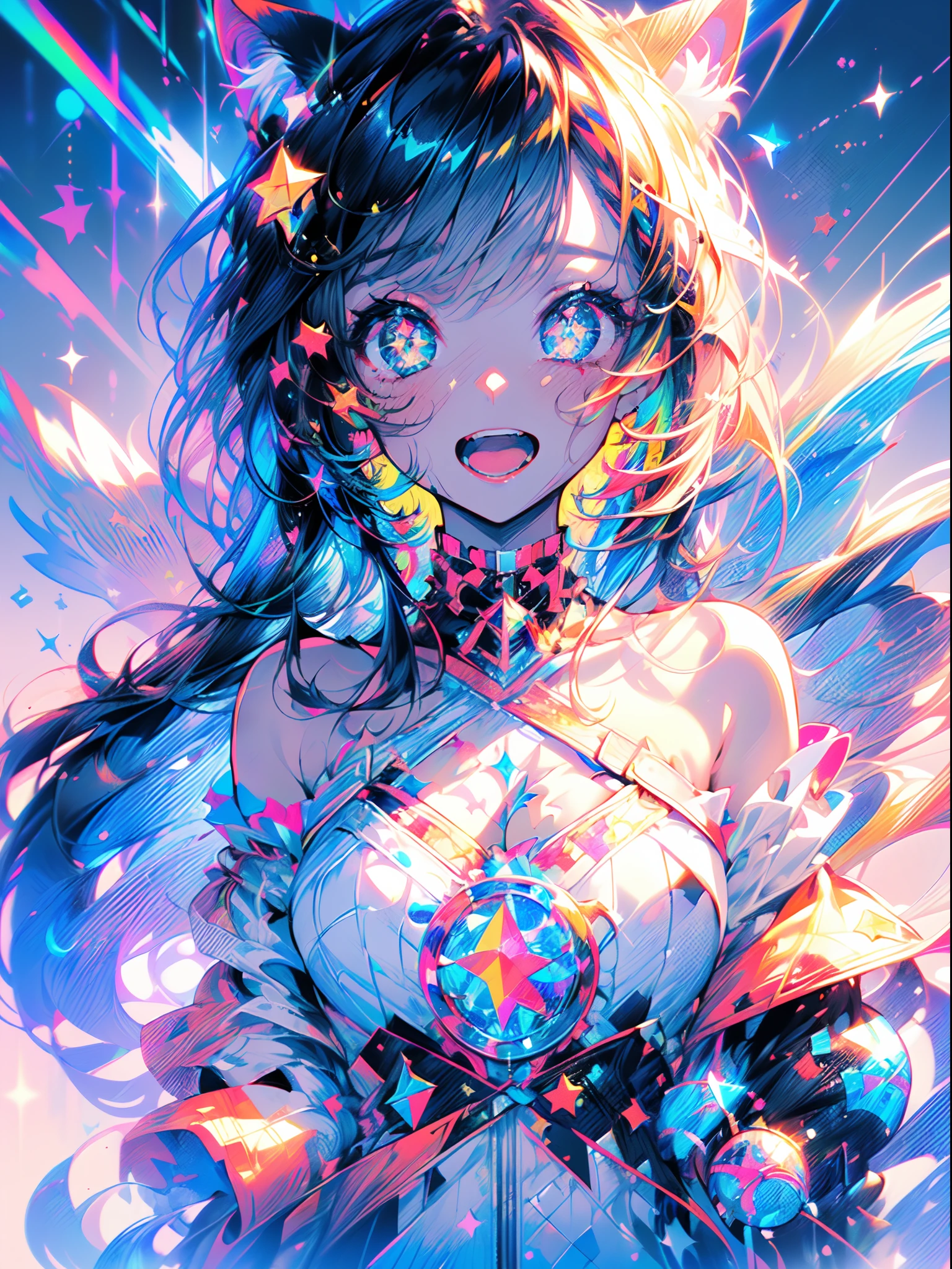 (masterpiece, best quality), ((1girl, (mature female) long hair), (star-shaped pupils,  +_+, symbol-shaped pupils, sparkling eyes), (cat ears, open open mouth)), (looking at viewer, light smile, off shoulder), (abstract, multicolored background, abstract background, chromatic aberration), vampire, blood on face, blood on clothes, bat wings