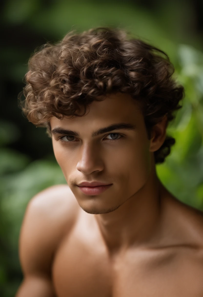 young man, anos, cabelos cacheados curto, curls on top of his head, He doesn't have a beard, not shirt, vestindo camiseta branca, Robert Ri'chard Andrew, Foto Realidade, pele de realidade, pele detalhada, olhos claros brilhantes, gentil, handsome, cores muito brilhantes, light particles, com luz brilhante, Mshiff, Arte do papel de parede, Papel de parede UHD