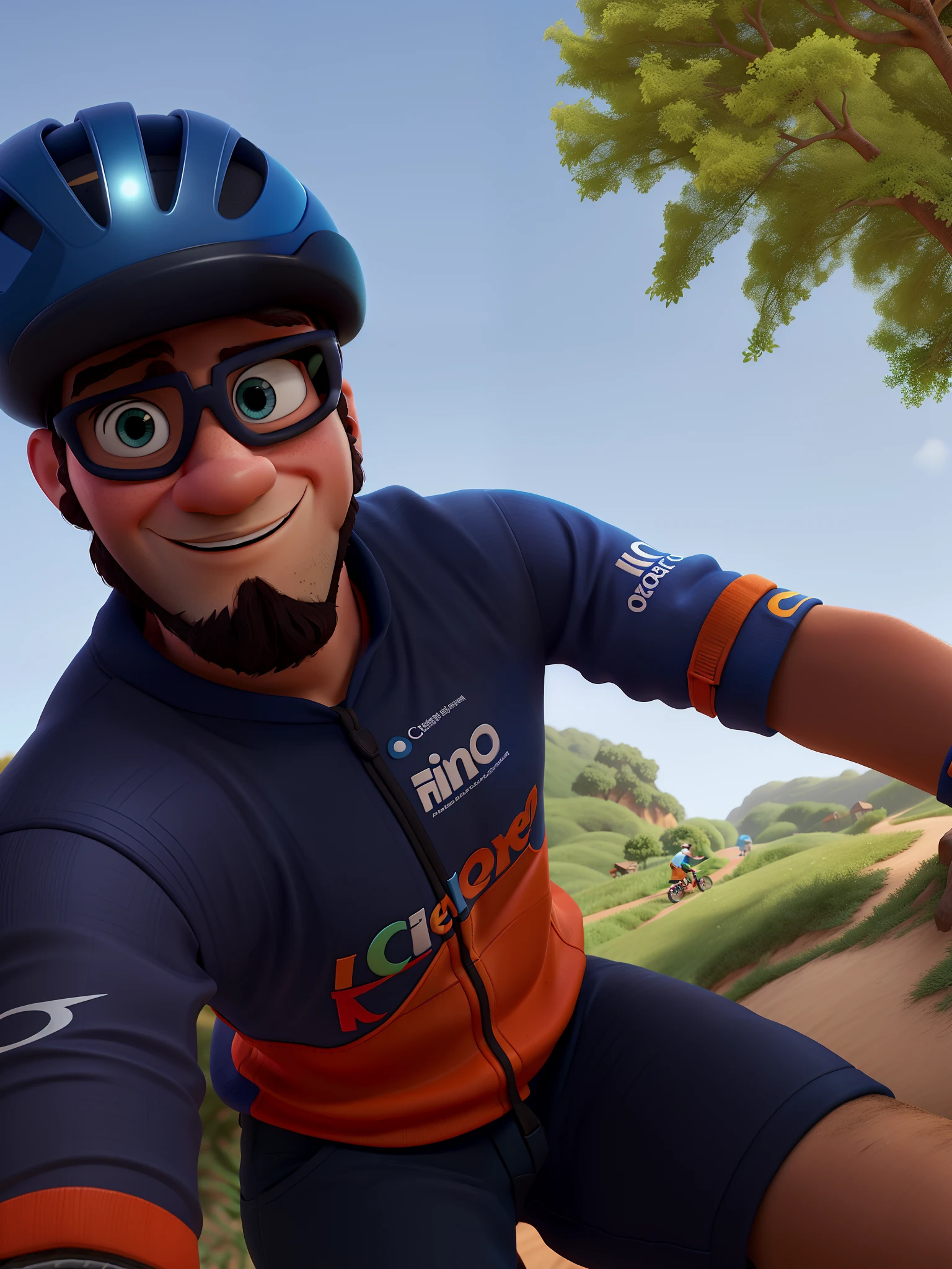 Poster no estilo disney pixar.um homem moreno de olhos escuros encima de uma bicicleta estilo disney pixar, alta qualidade, melhor qualidade