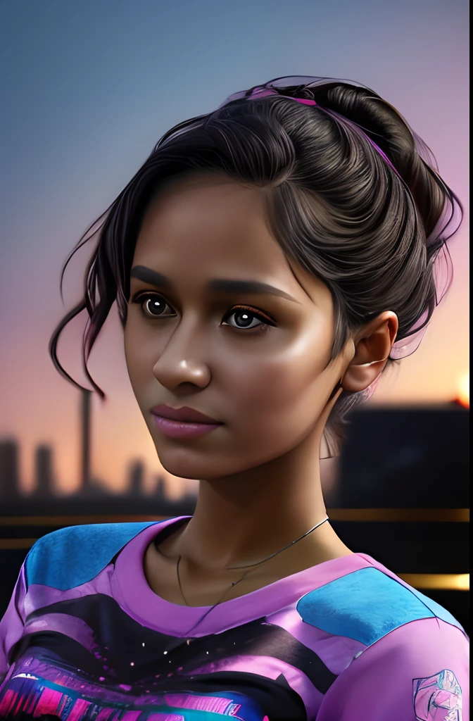 1girl, colorful theme, synthwave sky,(best quality, high quality, high resolution), realistic, ultra-detailed, highly detailed face features, absurdres, realistic lighting and reflections, highly detailed face features, see through shirt, best photo,high quality illustration
