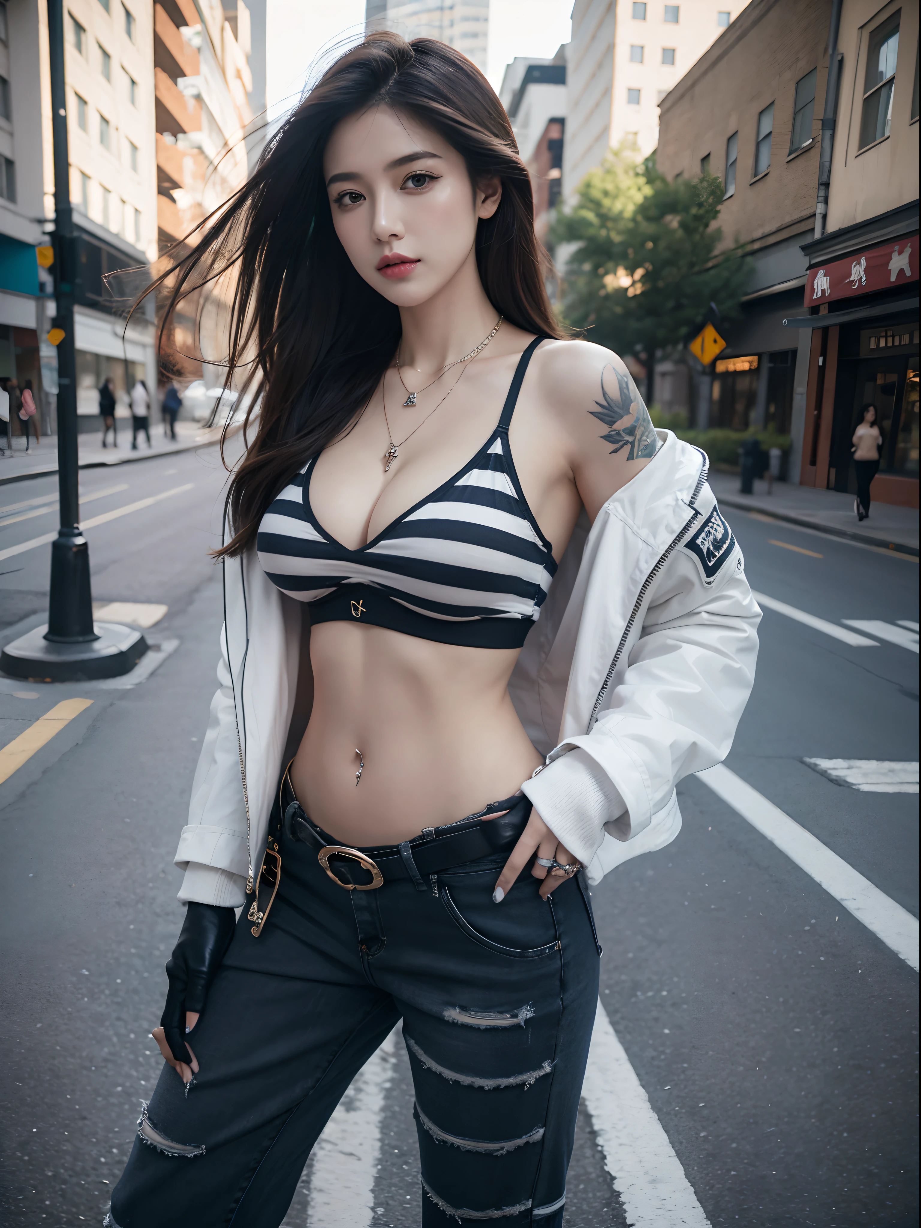 En plein air,street,High quality,1girll, Solo, Long hair, Large breasts, navel, cleavage, jewelry, underwear, Panties, Jacket, ,  belt, Pants, Fingerless gloves, necklace, High heels, tattoo,, ring, pierced navel, striped pants