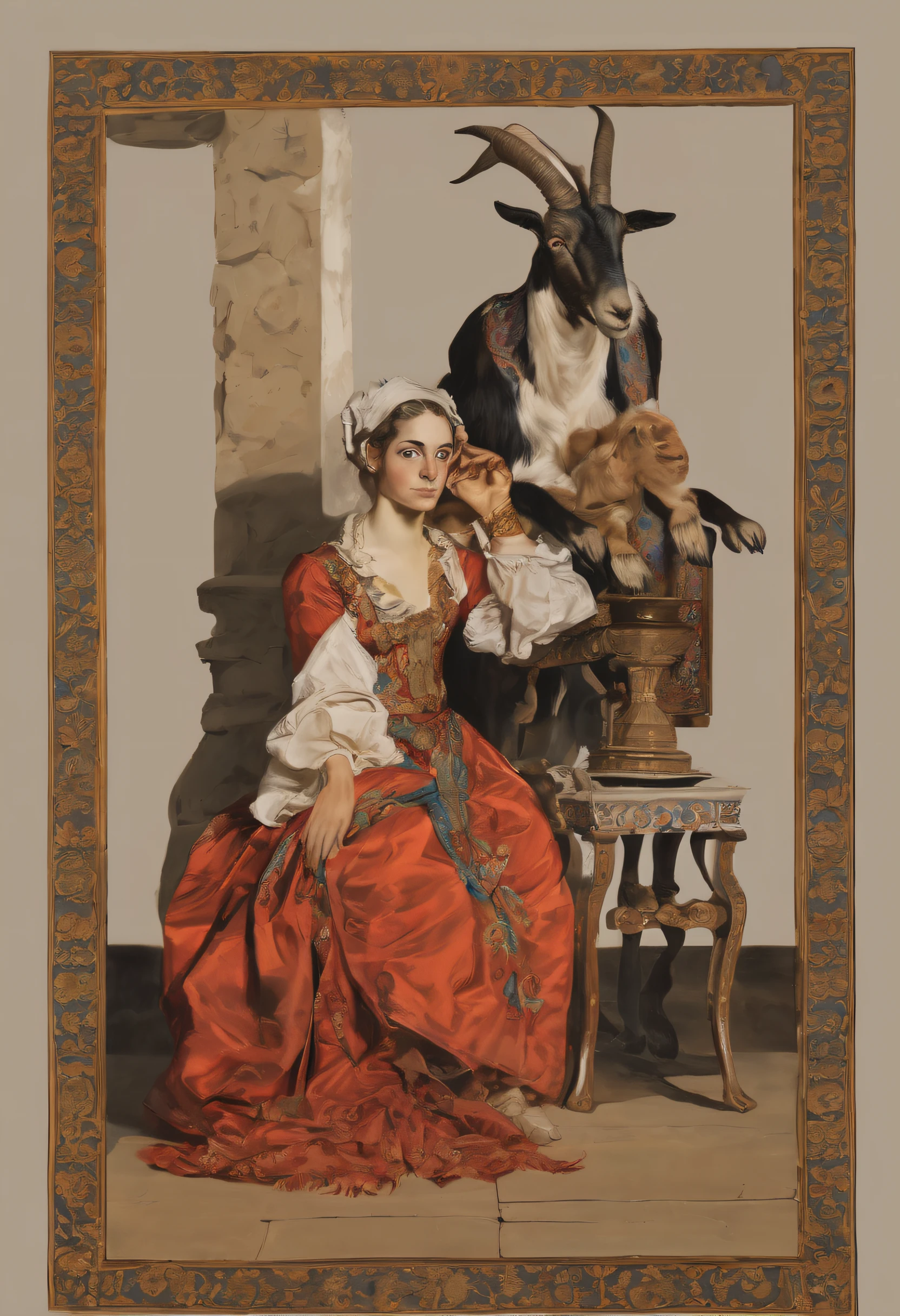 Mulher loira, robusta, sentada em uma cadeira em estilo barroco, dressed in an outfit in the classical Roman style. By his side is a goat of medium height, que olha diretamente para espectador, enquanto a mulher olha para o bode. The woman holds the fetters that bind the goat to her with subtlety. In the scene, the floor is covered with a Persian carpet, com detalhes florais, em tom avermelhado. The pose of the woman resembles the models posed by the artist Caravaggio The visual aspect also resembles that of the artist.