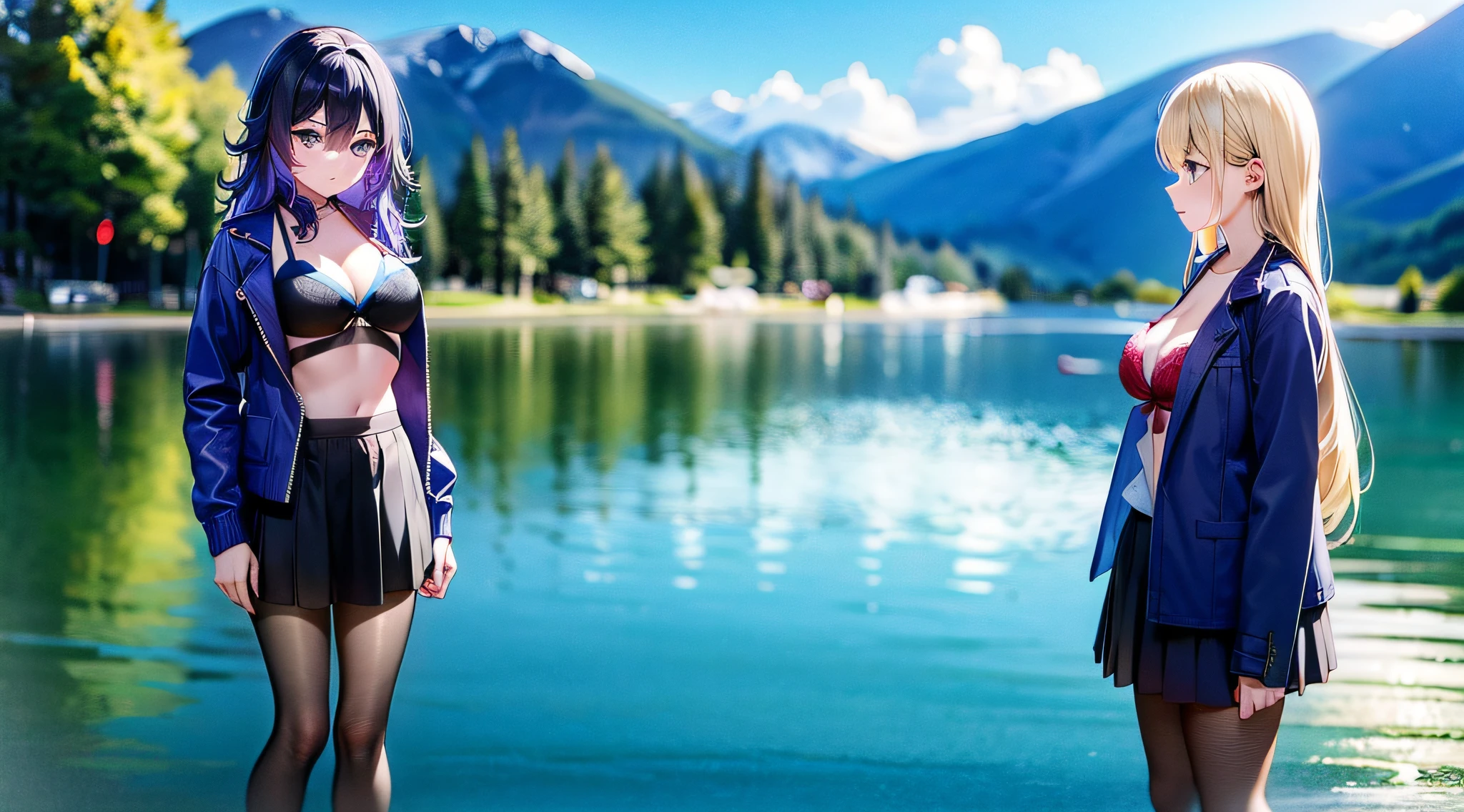 A girl, blue long hair, purple eyes, black tights, black skirt, short blue jacket, red bra, lake, standing