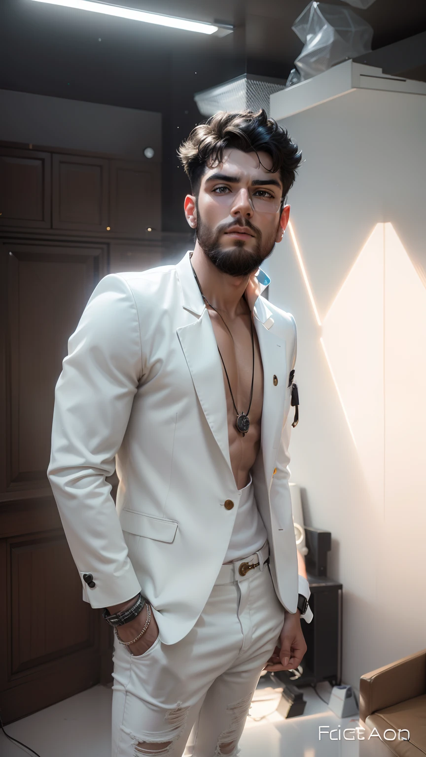 Stylish standing boy standing in a room, height ratio around 5ft and 5 inch, bit bulky, white neon lights on background, white denim on a black tshirt, lite black sunglass, expensive watch on wrist, 4k,full body pic and face will be same and realistic with the background
