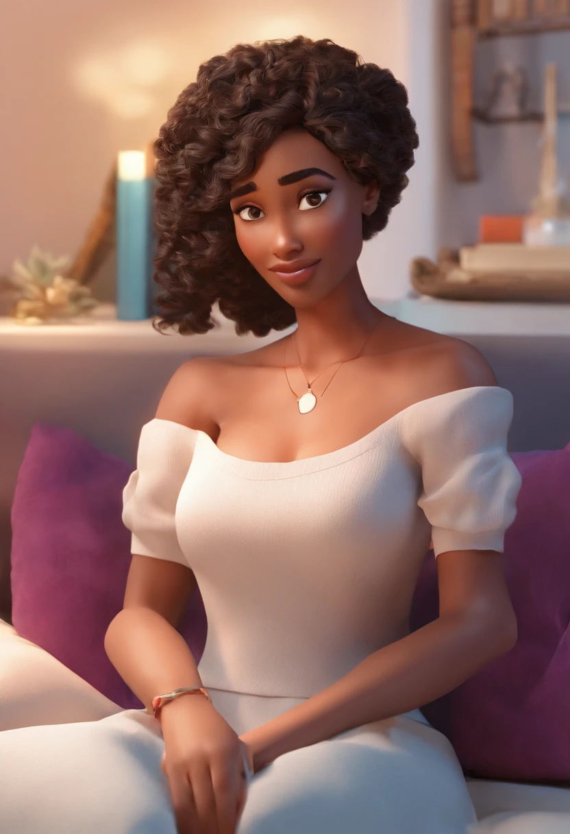 uma mulher negra do cabelo cacheado em um quarto lendo um livro e ao seu lado Jesus. Desenvolva esta arte em Full HD, Focus on your cinematic touch, Estilo Disney Pixar Animations