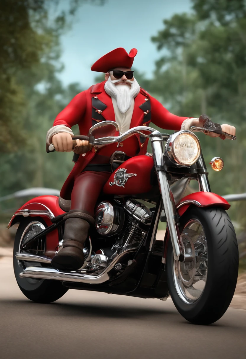 a 3D Disney Pixar style poster of a pirate wearing red clothing and red hat with a white skull, pilotando uma Harley Davison fat boy em um passeio de motocicleta