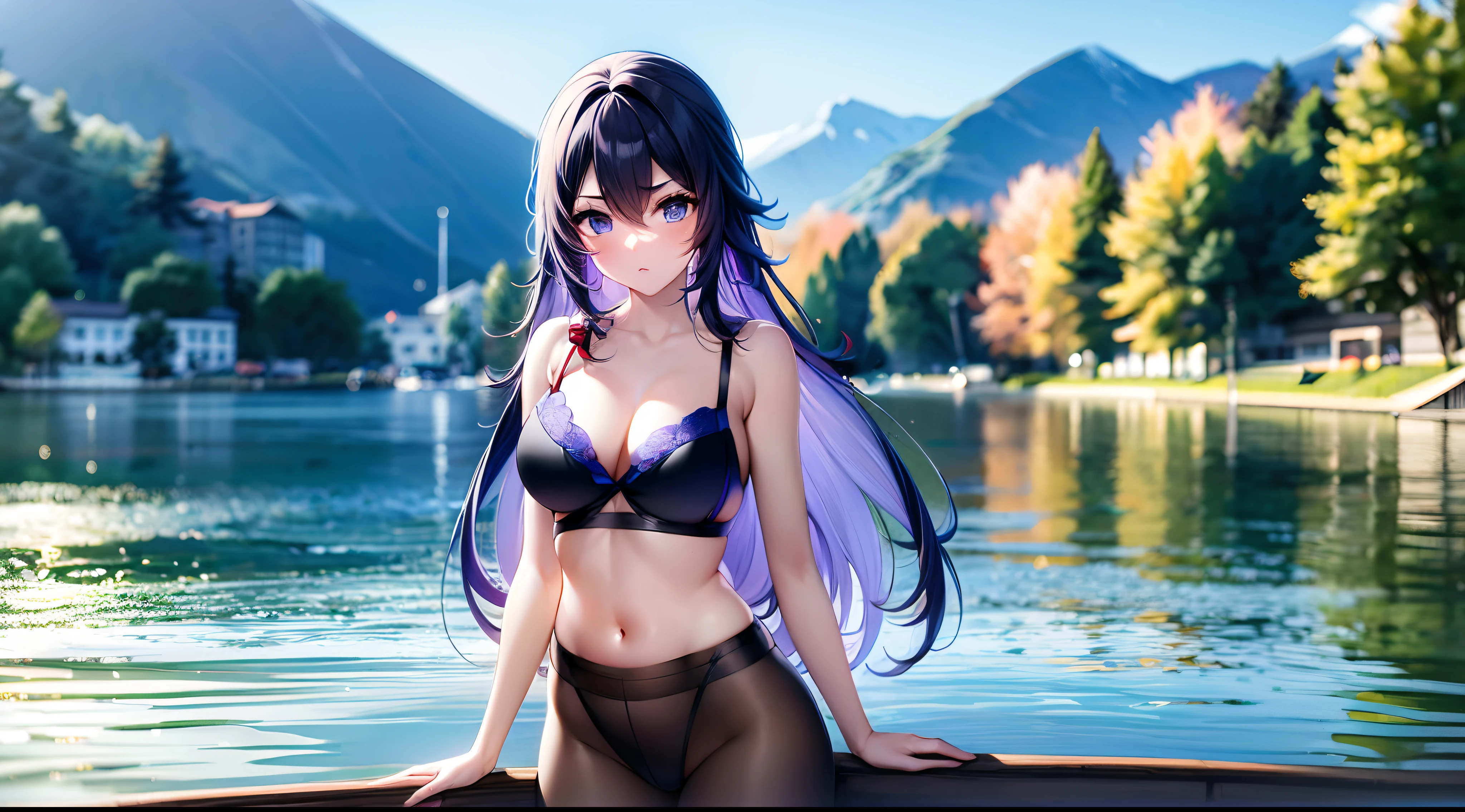 A girl, blue long hair, purple eyes, black tights, blue opend blouse, red bra, lake, standing