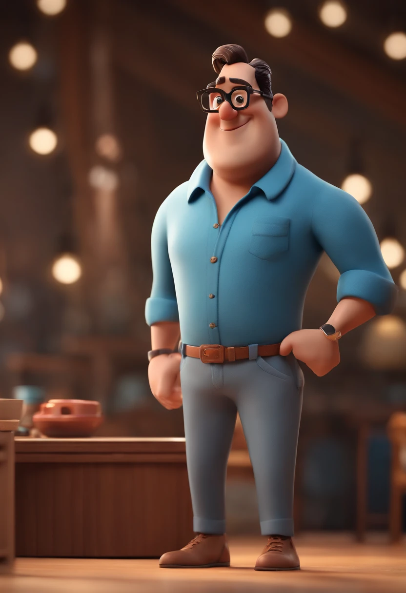 Cartoon character of a man with black glasses and a blue shirt, animation character, Caractere estilizado, animation style rendering, 3D estilizado, Arnold Maya render, 3 d render stylized, toon render keyshot, Personagem 3D, Personagem 3D, 3d rendering stylized, 3 d character render, personagem de desenho animado, Personagem de close up, Pose de personagem, (Estilo Pixar) (master part:1.2) (Bokeh) (best quality) (pele detalhada) (textura detalhada) (8k) (argila) (Cinematic lighting) (foco nítido