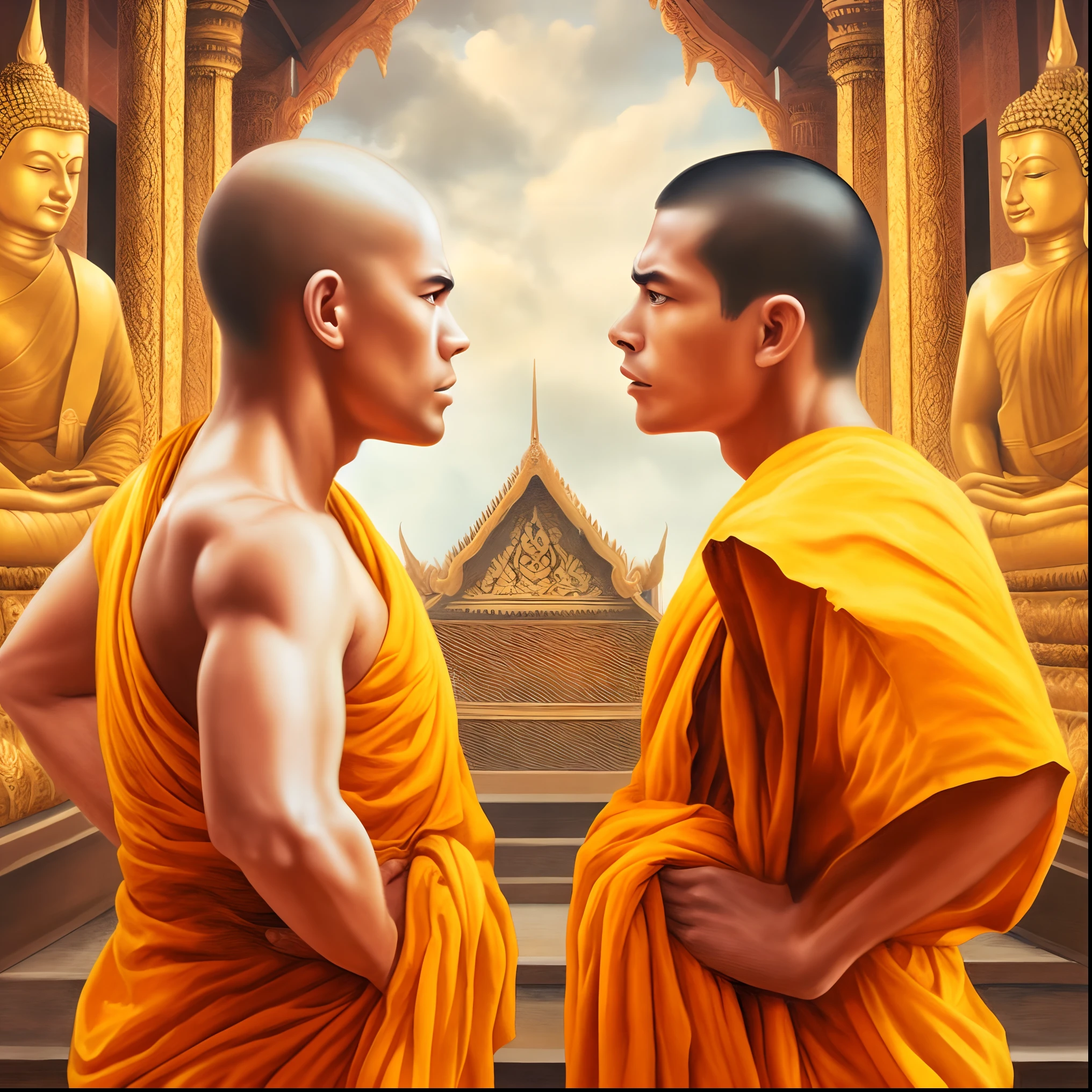 two monks in orange robes stand in front of a row of buddha statues, monks, buddhist, buddhism, facing each other, thailand art, on path to enlightenment, inspired by the Brothers Hildebrandt, samsara, buddhist art, inspired by Brothers Hildebrandt, amazing depth, by Ma Quan, on the path to enlightenment, alex grey and romero ressendi