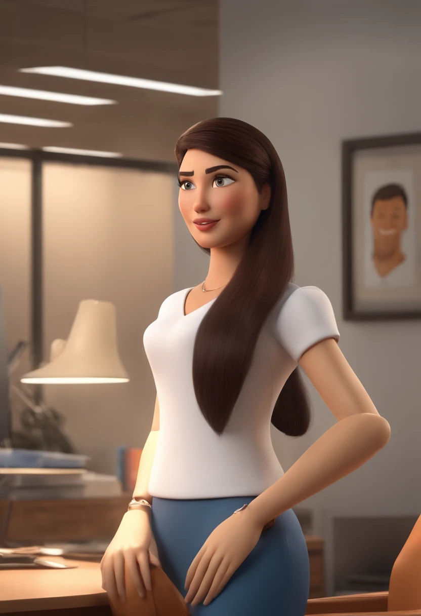 Create a Disney Pixar style 3D movie poster in an office, 7 pessoas em uma mesa redonda, in an office environment, sendo uma japonesa de cabelo curto e preto, uma mulher com cabelo loiro encaracolado, uma mulher cabelo comprido e claro, An Asian woman with long straight hair, a man with slicked-back hair with a big mustache and a short beard and another man with short, white hair, Caractere estilizado, animation style rendering, 3D estilizado, Arnold Maya render, toon render keyshot, Personagem 3D, personagem de desenho animado, Personagem de corpo inteiro, Pose de personagem, Estilo Pixar