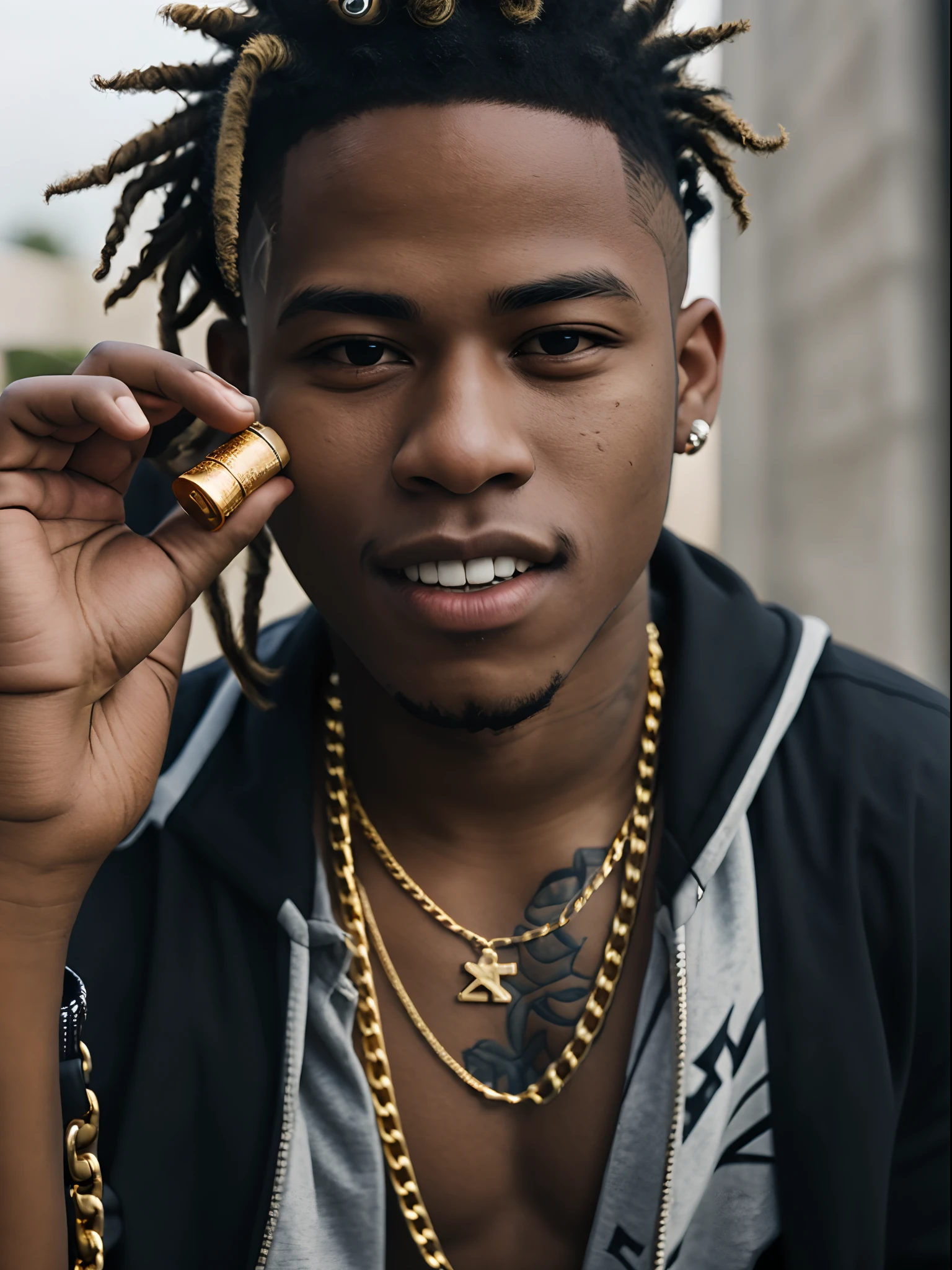 A black boy of about 16 years old, gangster with a gun in his waistband, with grillz in his teeth and gold chains,With hair just like xxxtentacion smoking a cigarette behind his luxury cars