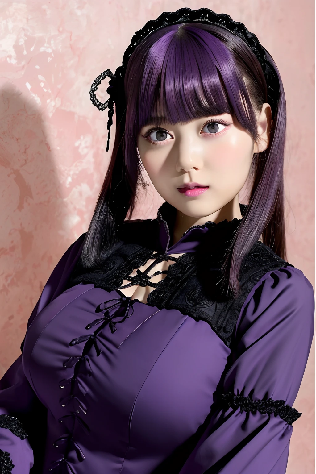 masutepiece, Best Quality, 8K, Detailed skin texture, Realistic, Detailed Cloth Texture, Beautiful Detail Face, Intricate details, Solo, 1 cute anime , 10 ltra-detailliert, detailed hairs, long purple hair, Qi bangs, blush, lightsmile, (Open eyes: 1.3, Purple eyes), (eye reflex: 1.6), (Smooth, Skin reflects light), (Heavy makeup, slim, Dress up as Gothic_Lolita, Dynamic Pose, Updraft, Detailed clothing details), (Big breasts (D)), thighs thighs thighs thighs, Extreme Gorgeous, Gothic_Lolita style, Kid's Room Background, depth of fields, sideshot