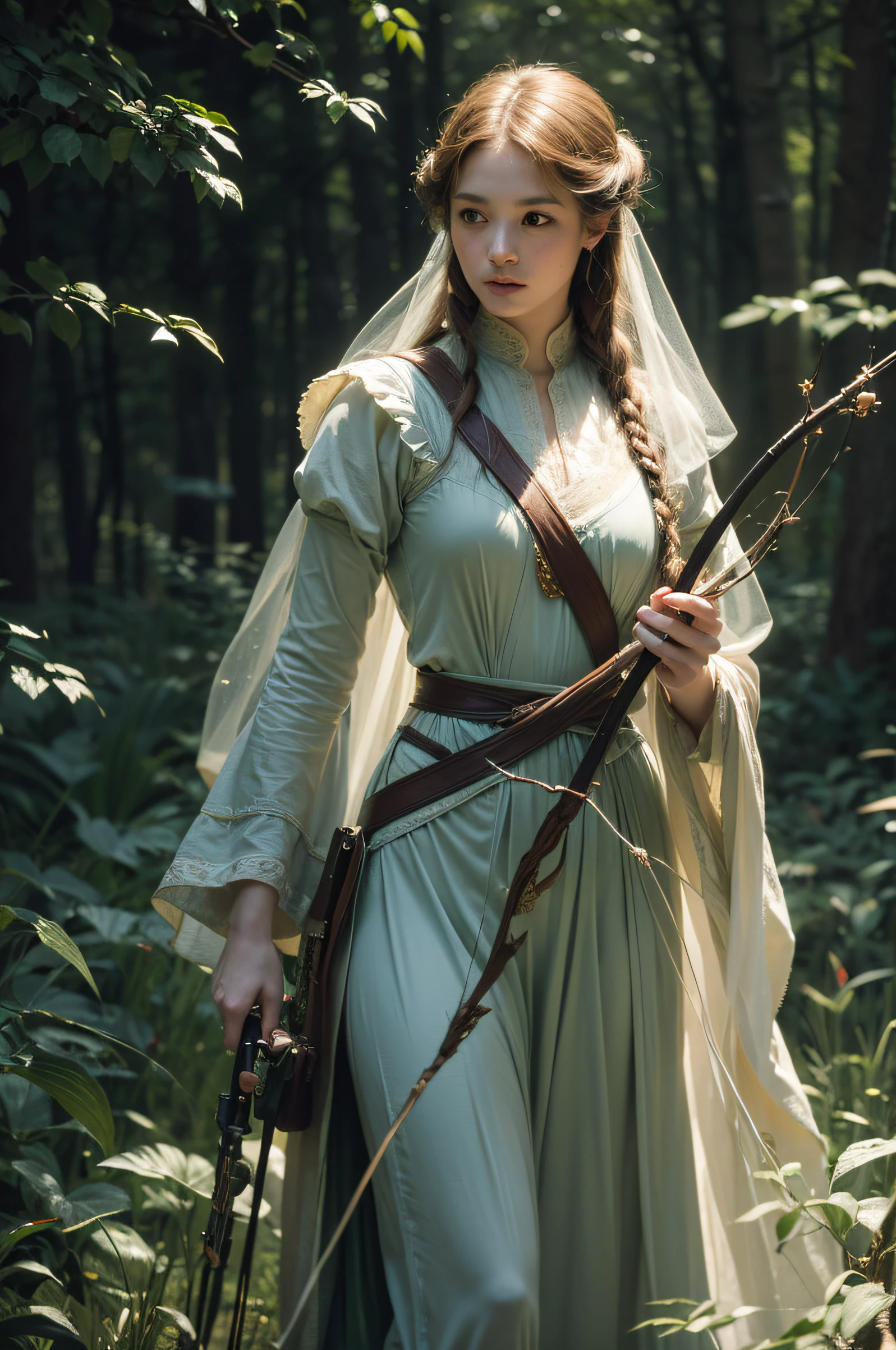 high quality, 8K Ultra HD, In this ethereal illustration, captures a beautiful female archer in a pale-green mist, he precision of John Singer Sargent highlights the woman's features, while Leonardo da Vinci's play of light and shadow adds enigmatic depth, by yukisakura, awesome full color,