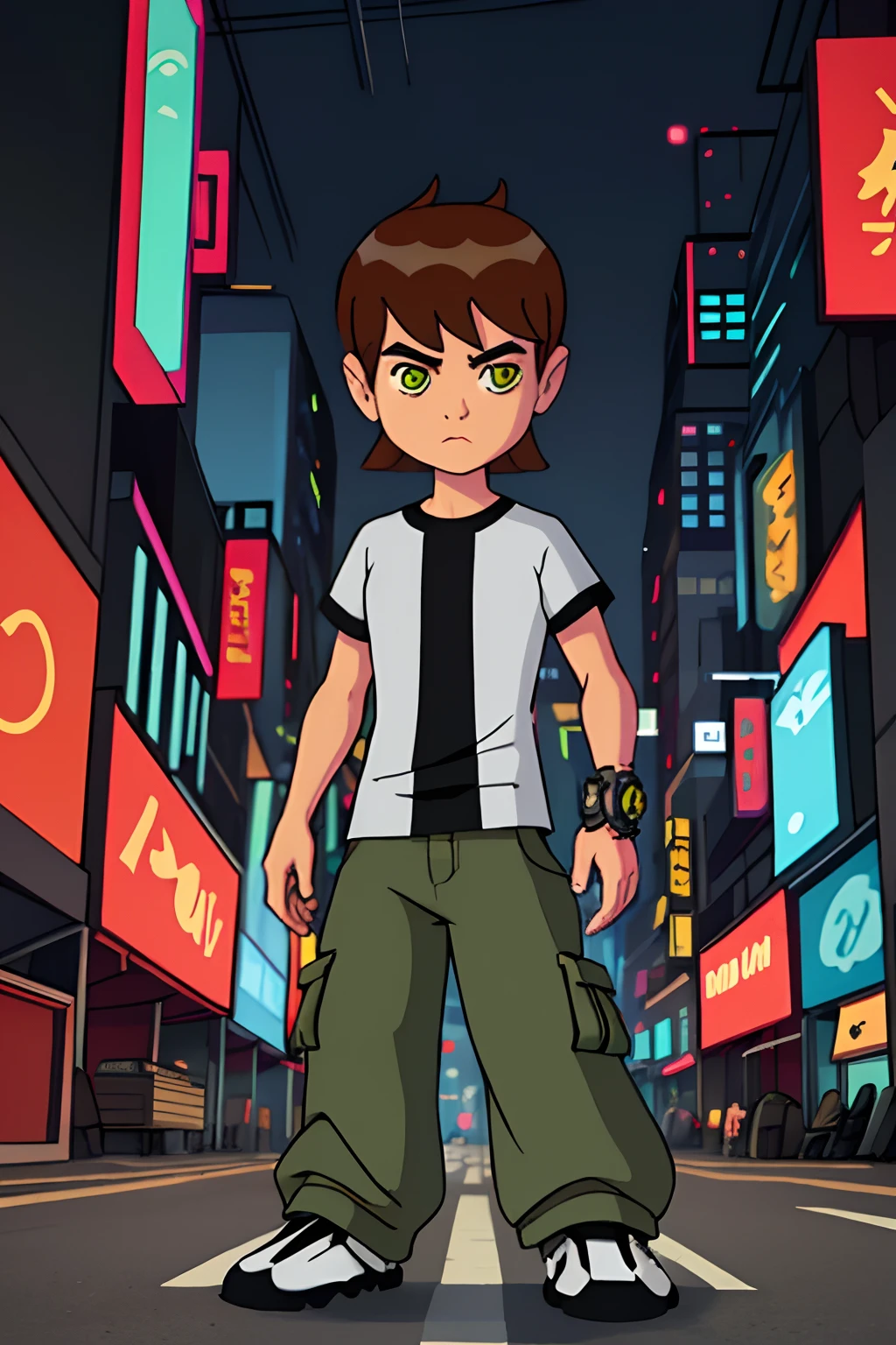 masterpiece, best quality, 1boy, bentennyson, brown hair, green eyes, cargo pants, shirt, bracelet, cyberpunk city background, full body shot