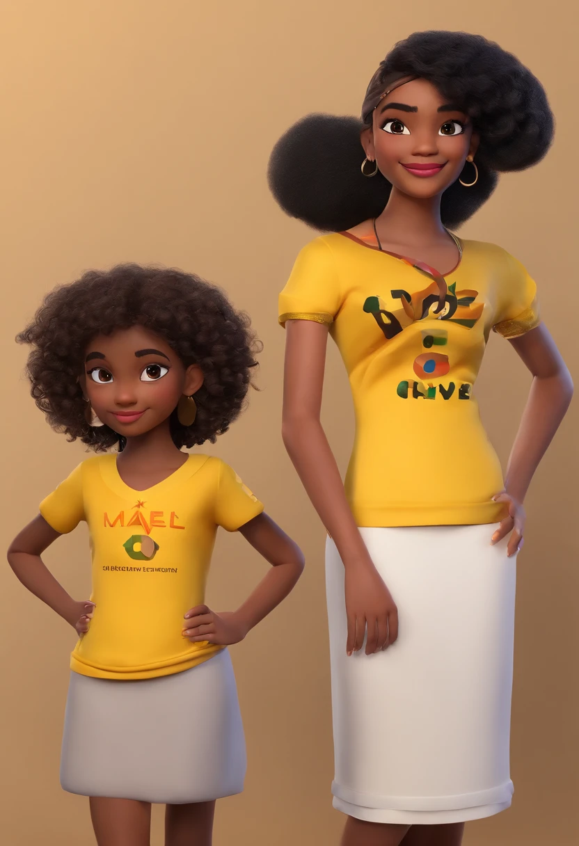 homem ?????, musculoso, jovem, barba baixa. Mulher negra, magra, cabelos crespos compridos, vestindo amarelo. Menina adolescente, negra pela clara, cabelos castanhos cacheados na altura do ombro. Menina 10 anos, pele morena, cabelo Chanel, Serious. Menina 4 anos, pele negra, cabelo black power com dois lacinhos vermelhos , vestido de branca de neve. Cena Disney pixar na cidade