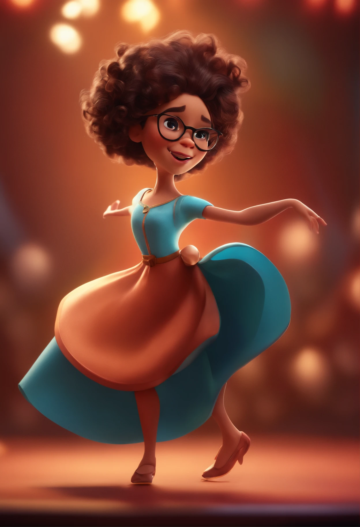 Magem Pixar Style with 3D Character Brunette Woman White Glasses Short Curly Hair Dancing on Stage Disney