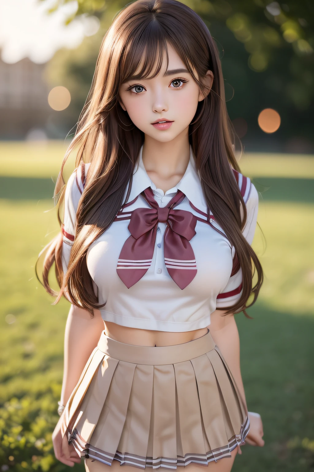 8K、超A high resolution、Top image quality、​masterpiece、A hyper-realistic、a picture、女の子1人、(sixteen years old:1.3)、Cute little girl s、cute  face、beautiful detail、(School Girl)、(Summer Uniforms:1.5)、(Medium big breasts:1.2)、((radiant eyes))、