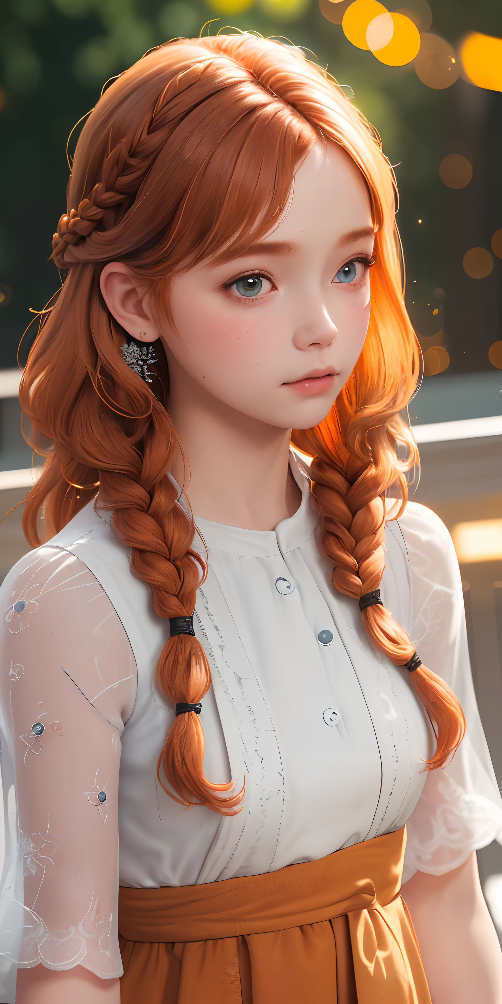 (masterpiece, best quality), 1girl, (intrcate details), upper body, ginger hair, wavy hair, looking at viewer, bokeh, french braid