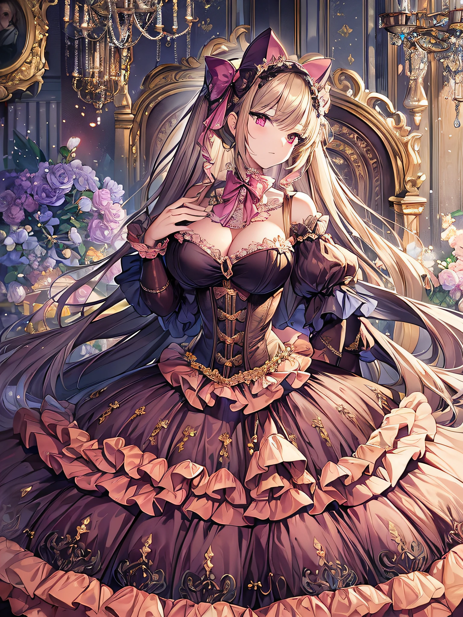 best quality, masterpiece, best definition, artwork, super detailed, many details, details, detailed, woman, 20 years, full body, full body, ball gown, super detailed dress, long dress, dress with many ruffles, dress with many bows, pink bows, victorian dress, detailed victorian dress, victorian dress with bows, pink, ruffles, perfect skin, whole body,