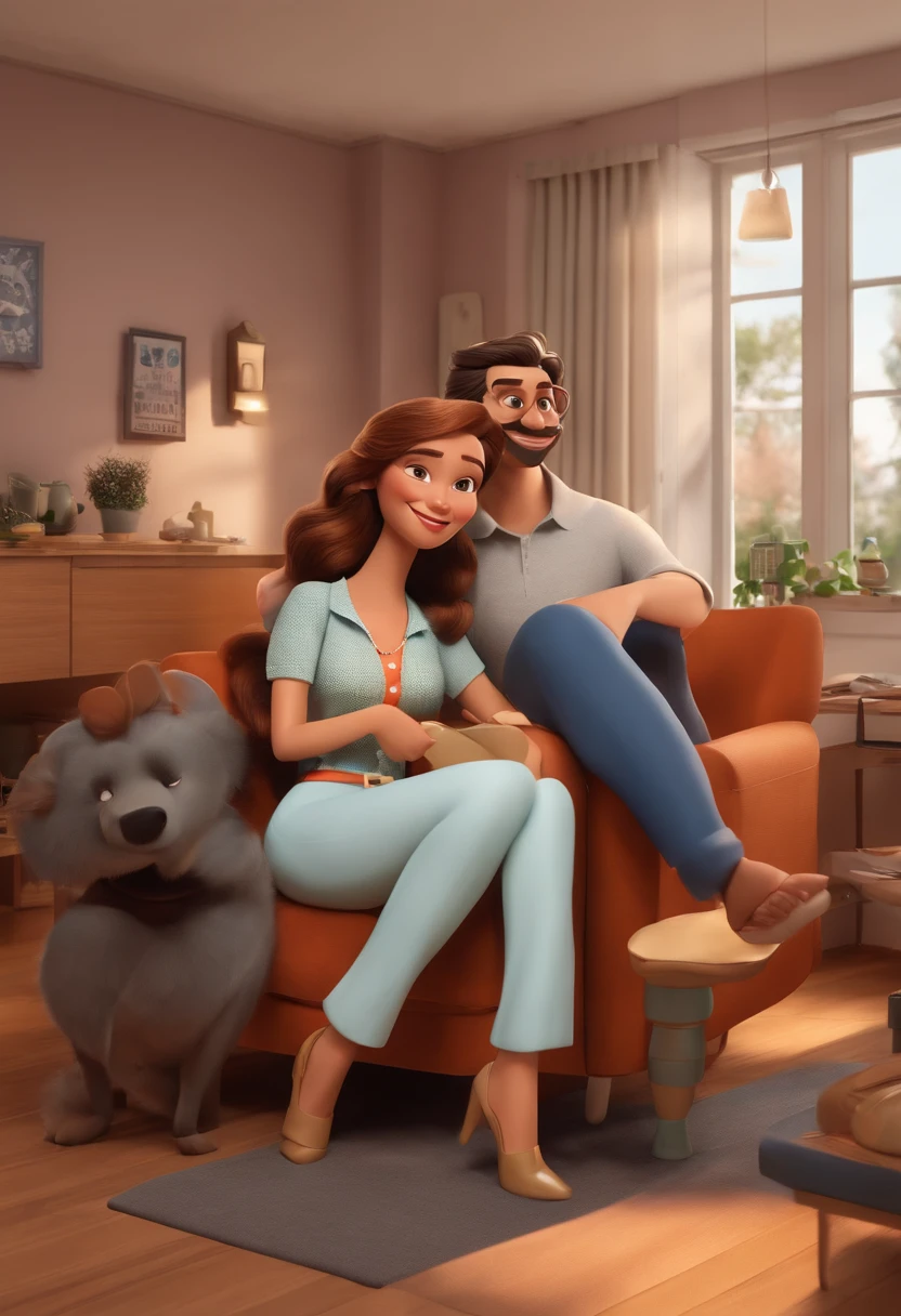 criar um cartaz de filme em 3d estilo Disney Pixar com 7 pessoas, sitting on a couch, in an office environment, sendo uma japonesa de cabelo curto e preto, uma mulher com cabelo loiro encaracolado, uma mulher cabelo comprido e claro, An Asian woman with long straight hair, a man with slicked-back hair with a big mustache and a short beard and another man with short, white hair, Caractere estilizado, animation style rendering, 3D estilizado, Arnold Maya render, toon render keyshot, Personagem 3D, personagem de desenho animado, Estilo Pixar