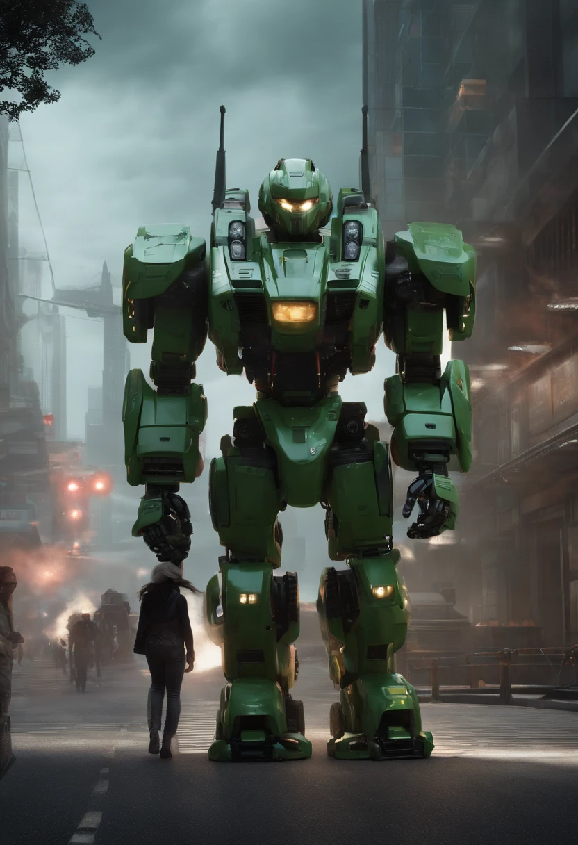 A mais alta qualidade de imagem, Detalhes marcantes, ultra-high resolution, (realismo: 1.4), The best illustration, favor details, 1girl altamente condensado, com um rosto delicado e bonito, vestido em um mecha preto e verde, usando um capacete mecha, segurando um controlador direcional, andar de moto, the background is a high-tech lighting scene of the future city. surreal illustration, surreal rendering, clean digital render, photorealistic render, surreal illustration