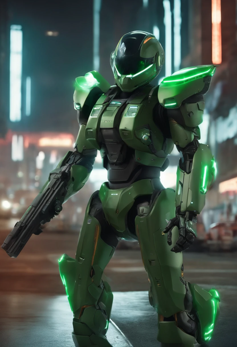A mais alta qualidade de imagem, Detalhes marcantes, ultra-high resolution, (realismo: 1.4), The best illustration, favor details, 1girl altamente condensado, com um rosto delicado e bonito, vestido em um mecha preto e verde, usando um capacete mecha, segurando um controlador direcional, andar de moto, the background is a high-tech lighting scene of the future city. surreal illustration, surreal rendering, clean digital render, photorealistic render, surreal illustration