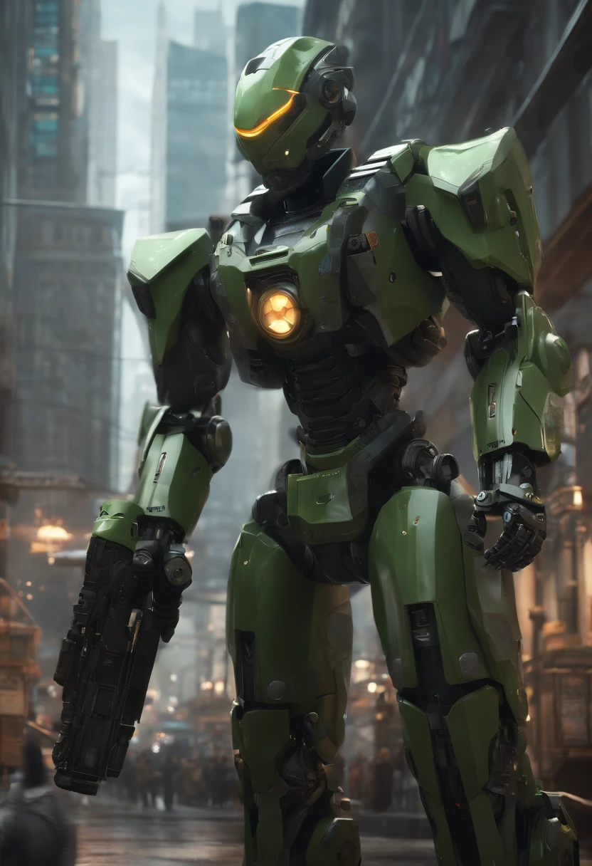 A mais alta qualidade de imagem, Detalhes marcantes, ultra-high resolution, (realismo: 1.4), The best illustration, favor details, 1girl altamente condensado, com um rosto delicado e bonito, vestido em um mecha preto e verde, usando um capacete mecha, segurando um controlador direcional, andar de moto, the background is a high-tech lighting scene of the future city. surreal illustration, surreal rendering, clean digital render, photorealistic render, surreal illustration