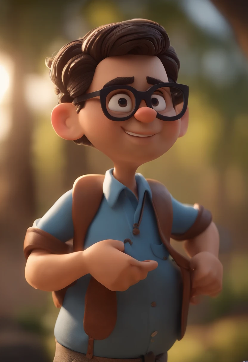 Cartoon character of a man with black glasses, cabelo cacheado marrom escuro e uma camisa azul, animation character, Caractere estilizado, animation style rendering, 3D estilizado, Arnold Maya render, 3 d render stylized, toon render keyshot, Personagem 3D, Personagem 3D, 3d rendering stylized, 3 d character render, personagem de desenho animado, Personagem de close up, Pose de personagem,  (Estilo Pixar) (master part:1.2) (Bokeh) (best quality) (pele detalhada) (textura detalhada) (8k) (argila) (Cinematic lighting) (foco nítido