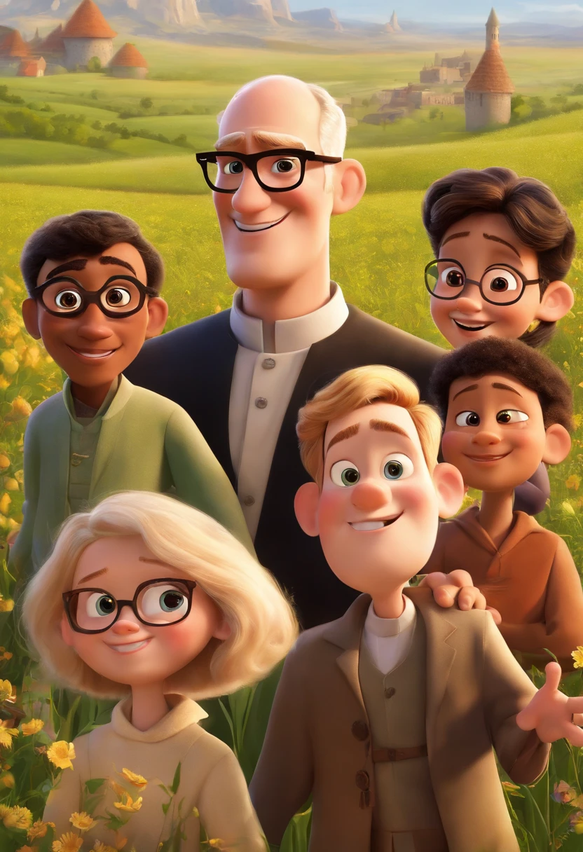 Pixar/Disney-inspired poster capturing a scene with a two priests, One in his 40s, green eyes, glasses, short blonde hair together with other, in his 20s, brunette skin, brown eyes, hair very shaved black, The two with several young people of different ethnicities in a open field,
all happy. The priests are one on each side of the photo