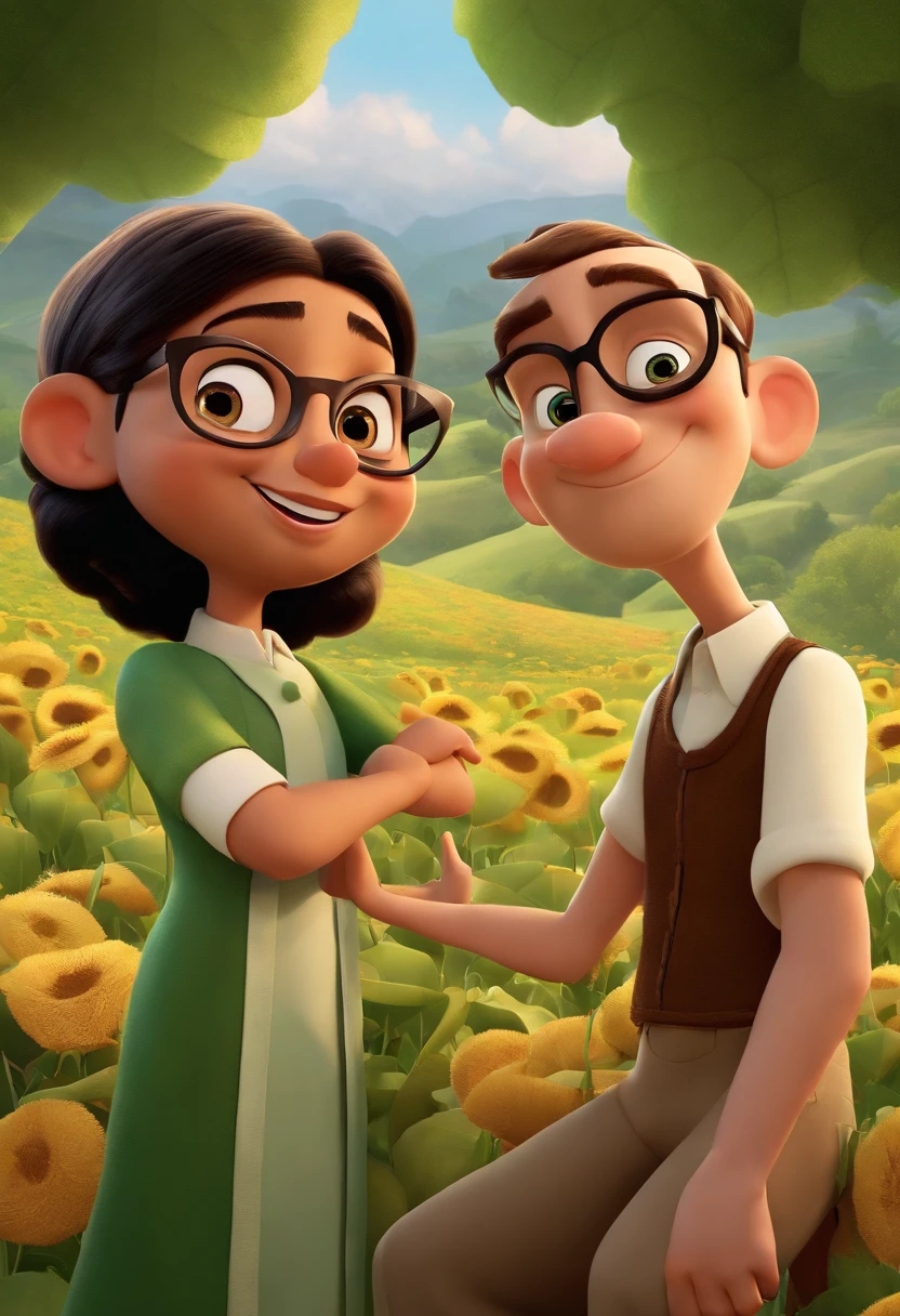 Pixar/Disney-inspired poster capturing a scene with a two priests, One in his 40s, green eyes, glasses, short blonde hair together with other, in his 20s, brunette skin, brown eyes, hair very shaved black, The two with several young people of different ethnicities in a open field,
all happy. The priests are one on each side of the photo