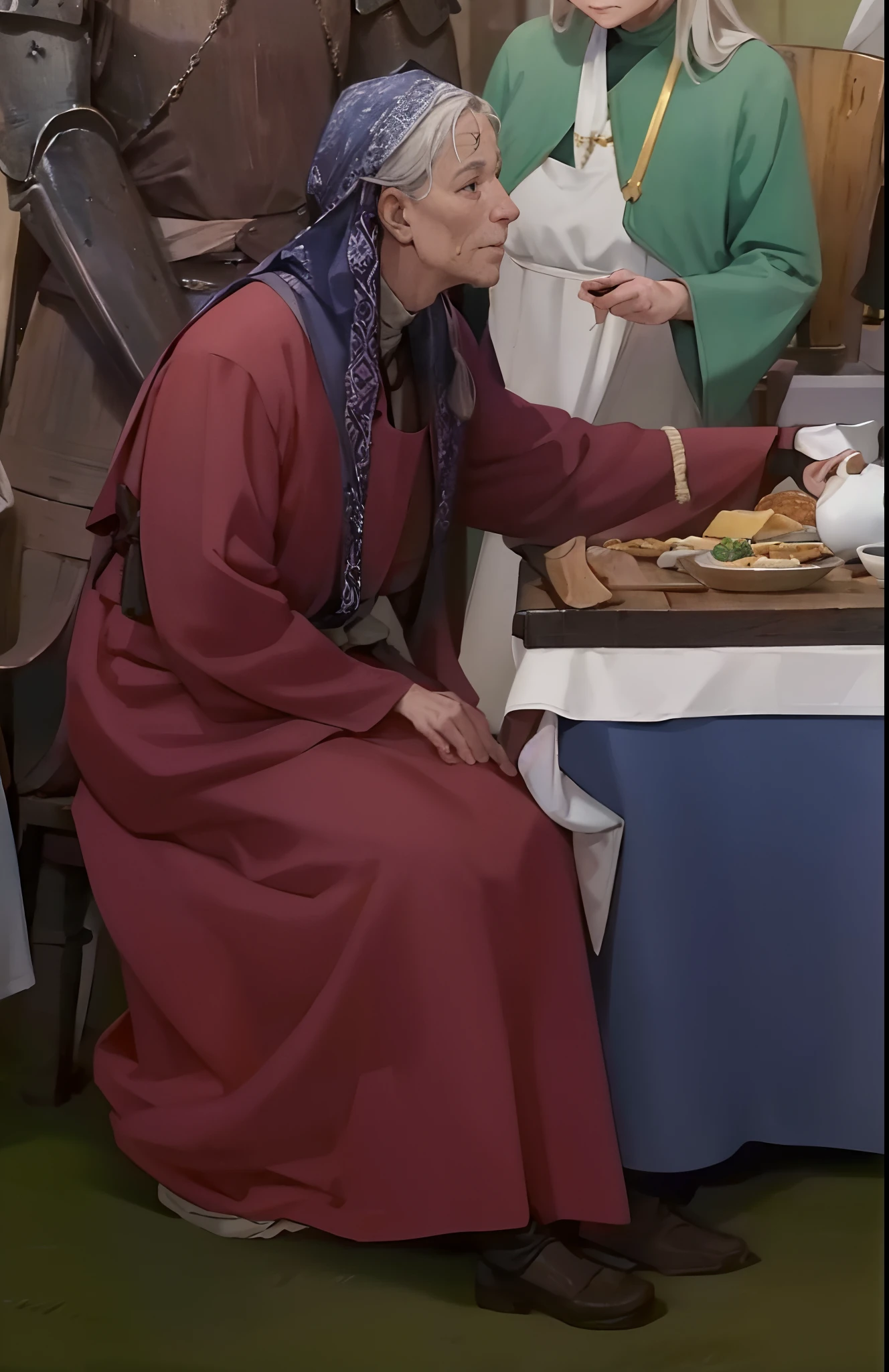 There was an elderly white-haired woman sitting at a table，Carrying a plate of food,ssmile， historically accurate, dressed in roman clothes, Jayson Tatum（English：Jayson Tatum） as Mother Mary, A medieval feast, robed figures sat around a table, Wear historical clothing, color corrected, still from live action movie, Lady, Mother Sarah Artist, look at the details, 4 k post, 4k post