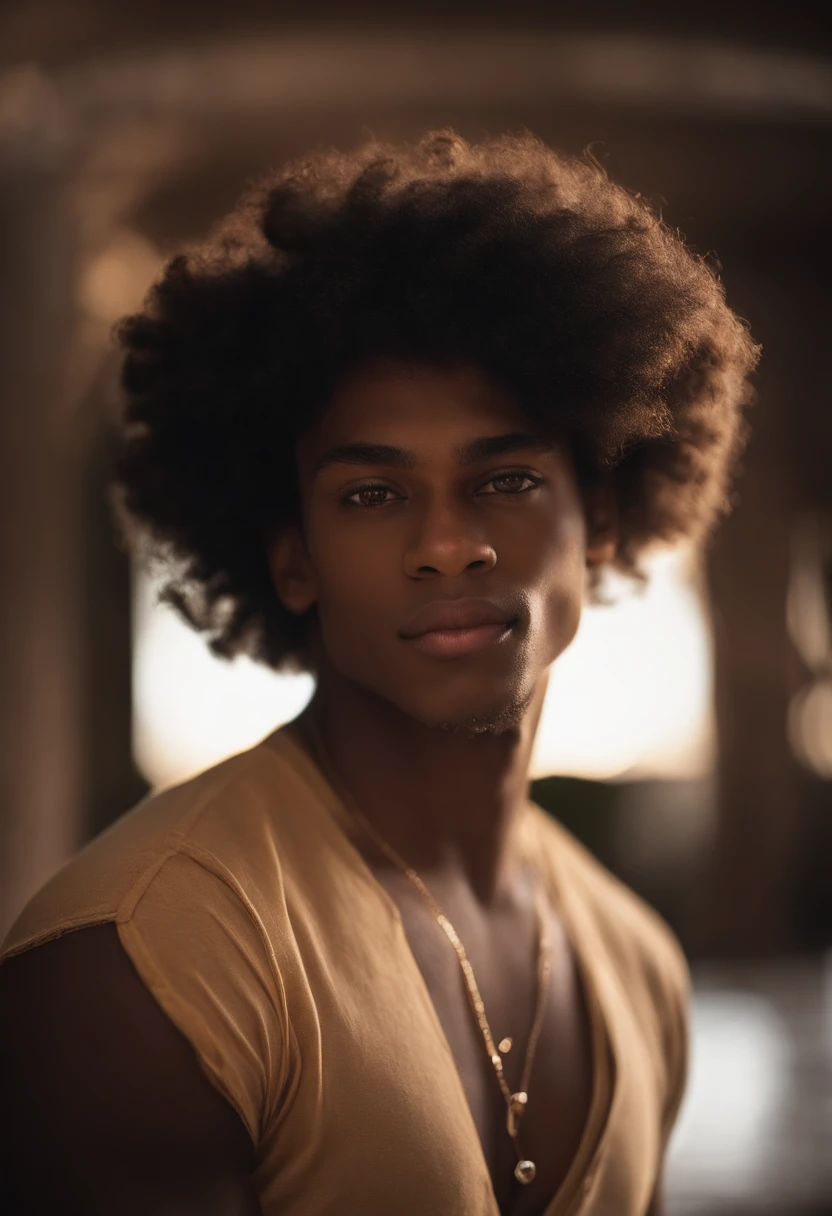 young man,  anos, cabelos cacheados curto, curls on top of his head, He doesn't have a beard, afrodescendente, shirt, vestindo camiseta branca, parecido  com o ator Robert Ri'chard Andrew, Foto Realidade, pele de realidade, pele detalhada, olhos claros brilhantes, gentil, handsome, cores muito brilhantes, light particles, com luz brilhante, Mshiff, Arte do papel de parede, Papel de parede UHD