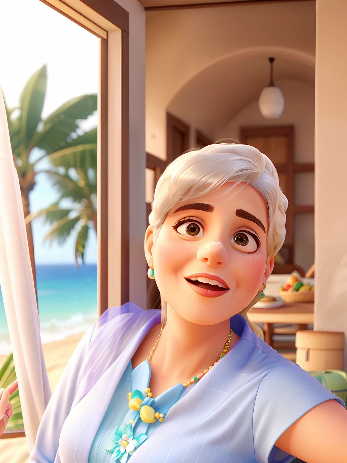 Beautiful woman, 54 anos, nonita e feliz, cabelo bem curto, grisalho, liso, olhos castanhos em uma praia