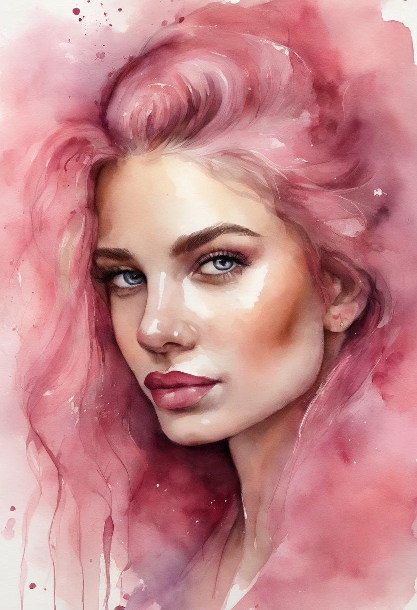(master part),(best quality:1.1),(ultra-detalhado),best illustration,detalhe fino,(retrato:1.1),(close-up intenso),Desenho em aquarela)floating,1girl,sozinho,13 anos,esguio,(rosto extremamente delicado e bonito),(Olhos cor-de-rosa detalhados),thick pink lips,(cabelos desgrenhados),(vestindo uma camiseta folgada),soft and lazy,(fundo simples:1.2)fundo colorido inteiro,claro,4k