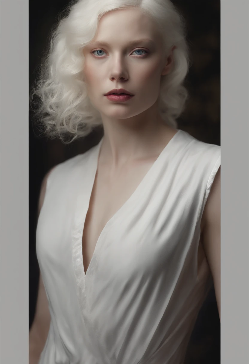 Create a high-quality, hyper-realistic portrait of "Albino paint". Generate an image with high clarity and intricate details, showcasing the character's strength and power in their gaze, while also creating a dark and mysterious atmosphere surrounding them.