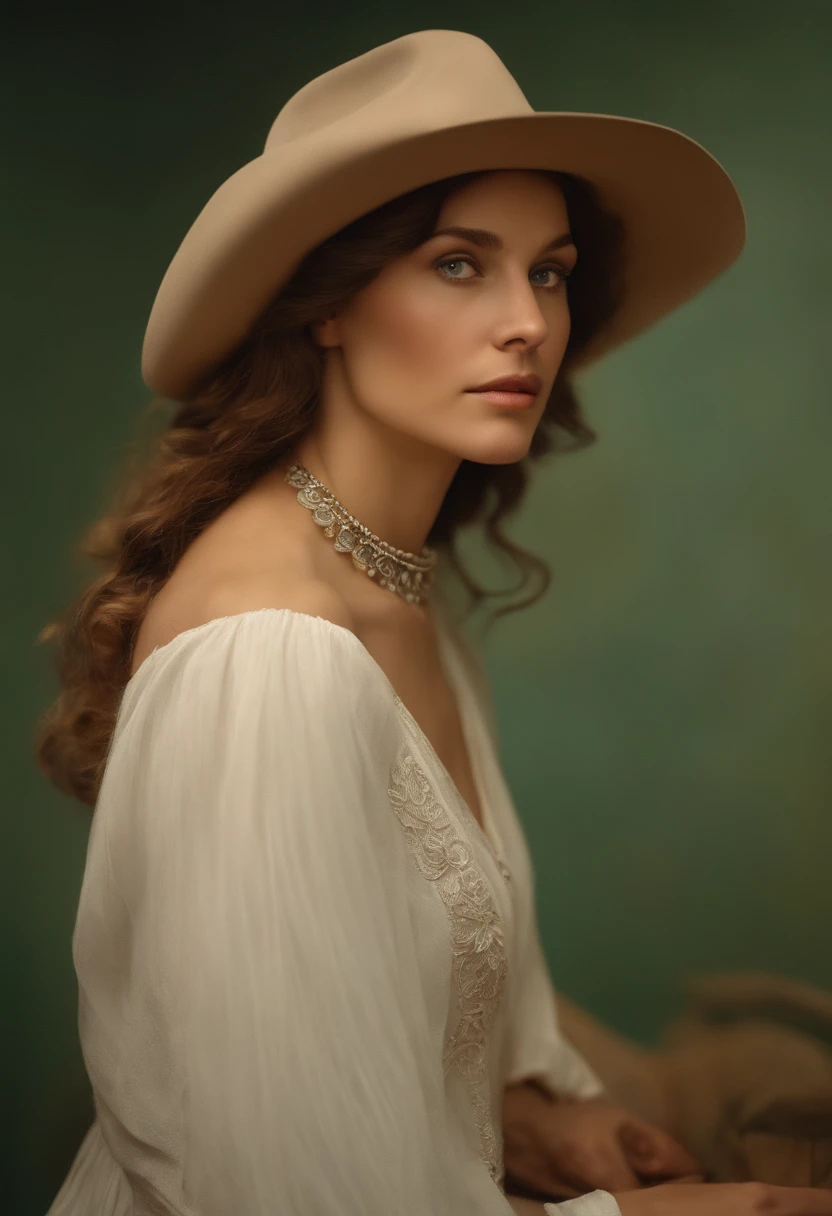 Retrato hiperrealista do feminino por david hockney e alphonse mucha,arte de fantasia, foto realista, dynamic lighting, art-station, poster, Volumetric lighting, Rostos muito detalhados, 4 mil, Premiado,, 1girl, No escuro, sombra profunda, discreto,cowboy shot,(official clothing:1.4) ,cabelos longos,cabelos brancos,