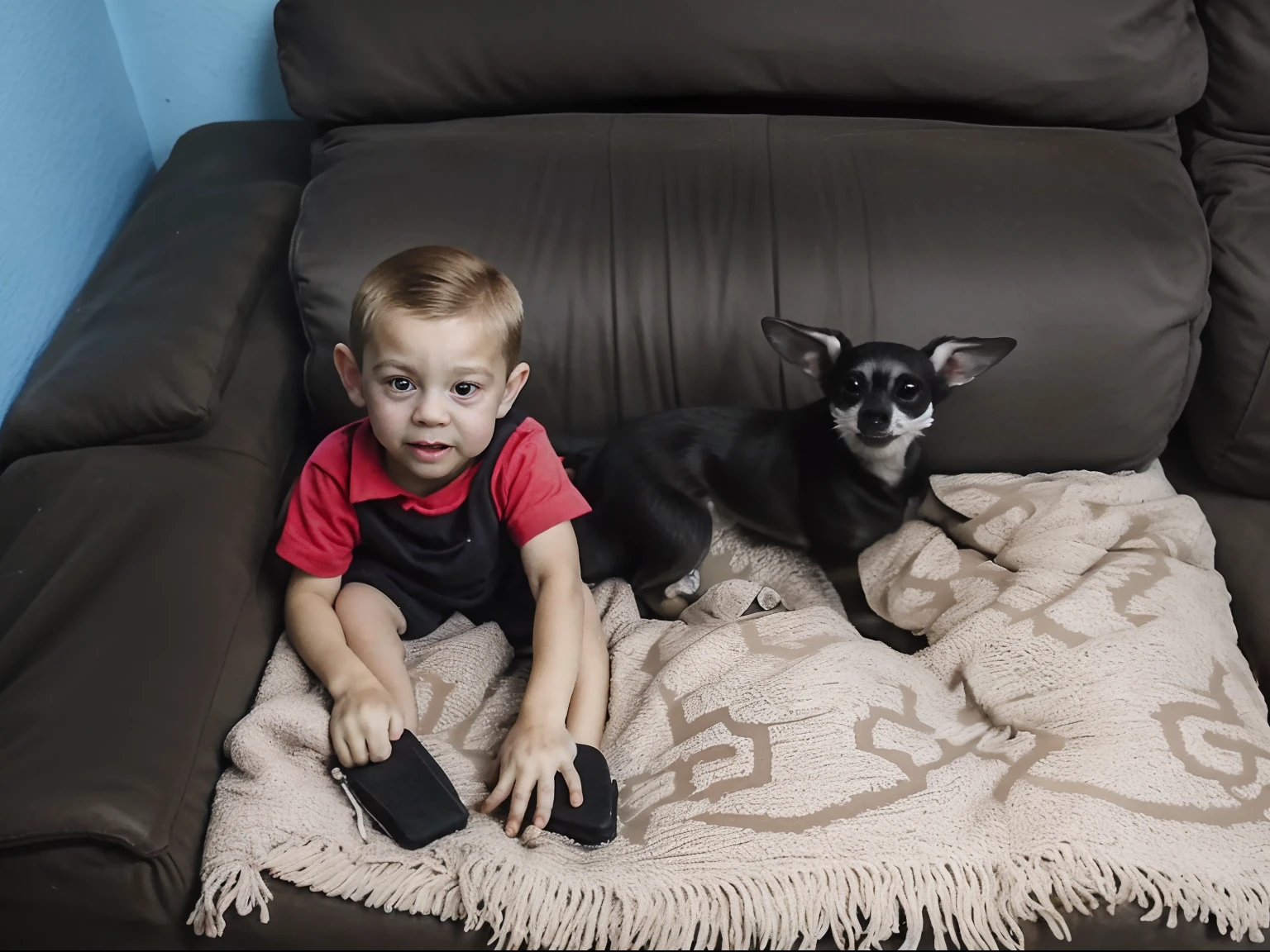 There's a  boy sitting on a couch with a dog, 2 anos, sitting on the couch, sitting on couch, 4 anos de idade, sitting on a couch, they are very serious, with his hyperactive little dog, quatro anos, imagem de qualidade muito baixa, muito bobo olhando, cabrito, dois amigos sentados em uma sala, sitting on couch