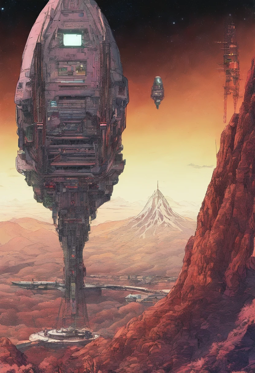Spaceships flying over a rocky landscape with a mountain in the ...