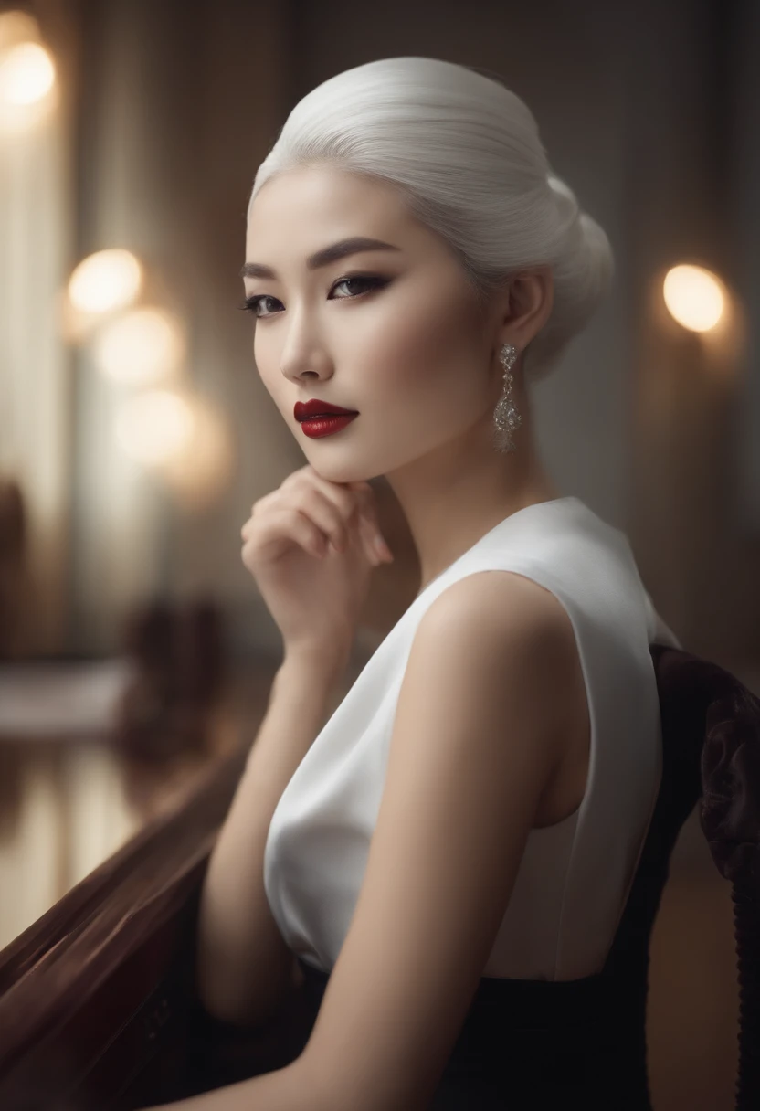s office, uma japonesa de cabelo curto e preto, uma mulher com cabelo loiro encaracolado, uma mulher cabelo comprido e claro, An Asian woman with long straight hair, a man with slicked-back hair with a big mustache and a short beard and another man with short, white hair