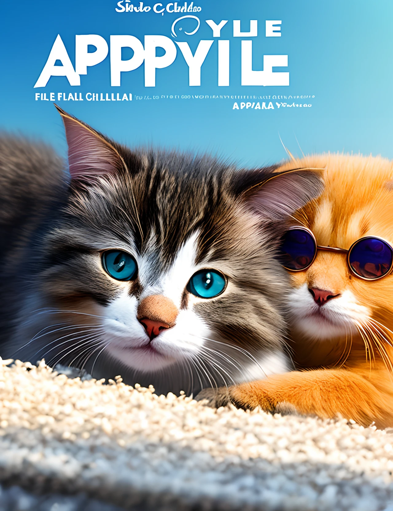 une affiche de dessin animé Pixar sur un très gros chat blanc de race Ragdoll/sibérien, très mignon et très poilu, aux yeux bleus, appelé Oups avec une fille blonde châtain à lunettes qui le porte